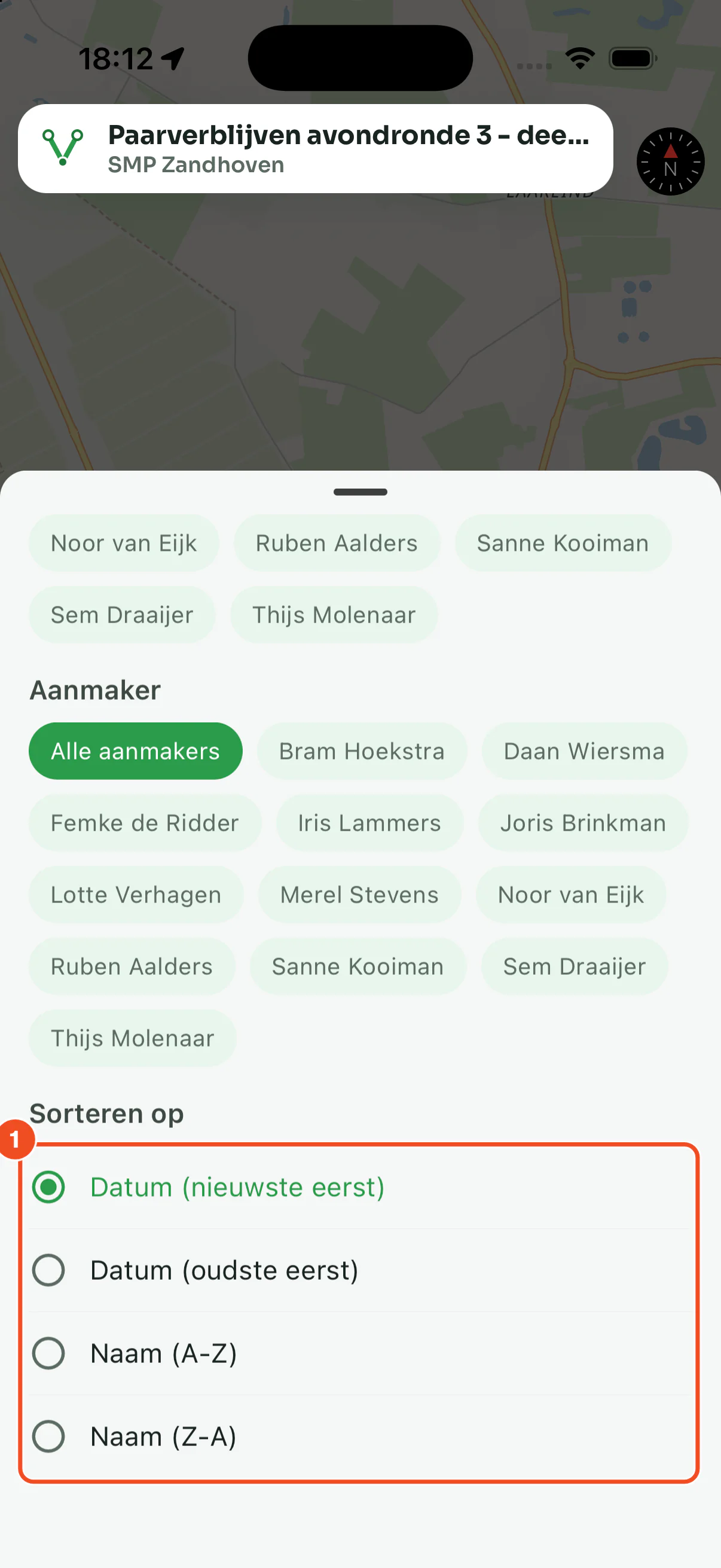 De sorteeropties onderaan het filterpaneel: datum nieuwste eerst, datum oudste eerst, naam A tot Z en naam Z tot A