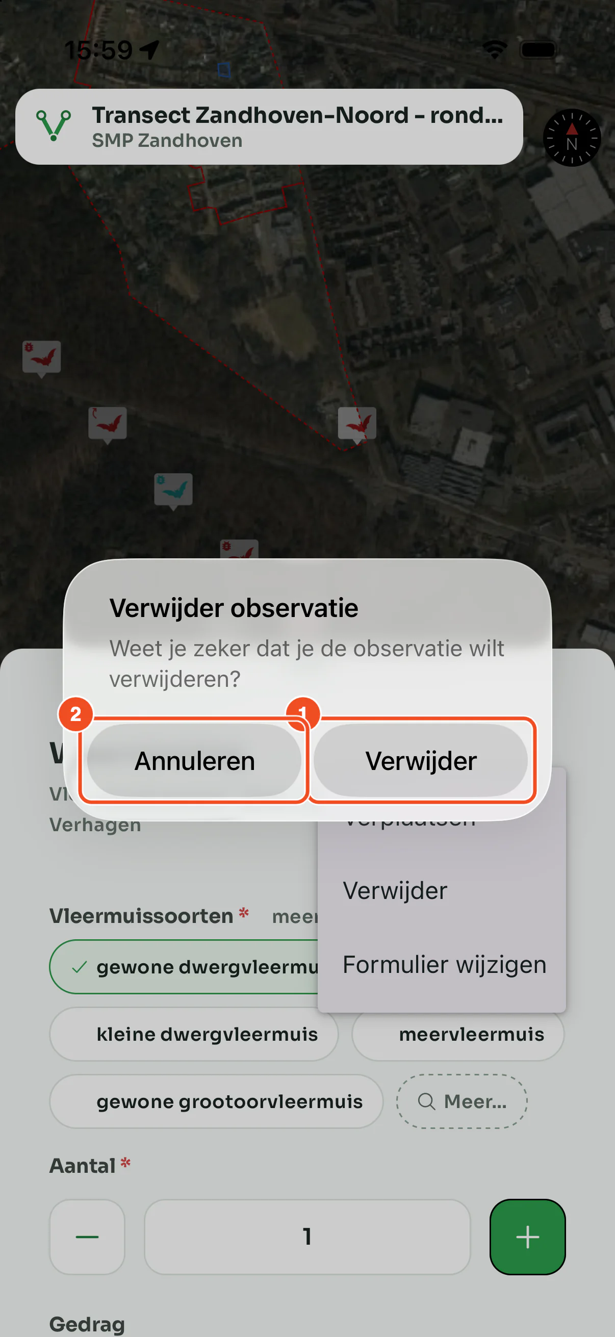 De bevestiging Verwijder observatie met Annuleren en Verwijder