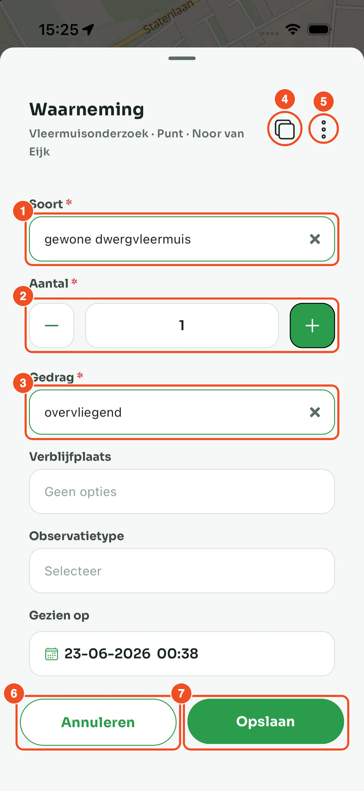 Het waarnemingsformulier met de velden Soort, Aantal en Gedrag, rechtsboven dupliceren en het menu, onderin Annuleren en Opslaan