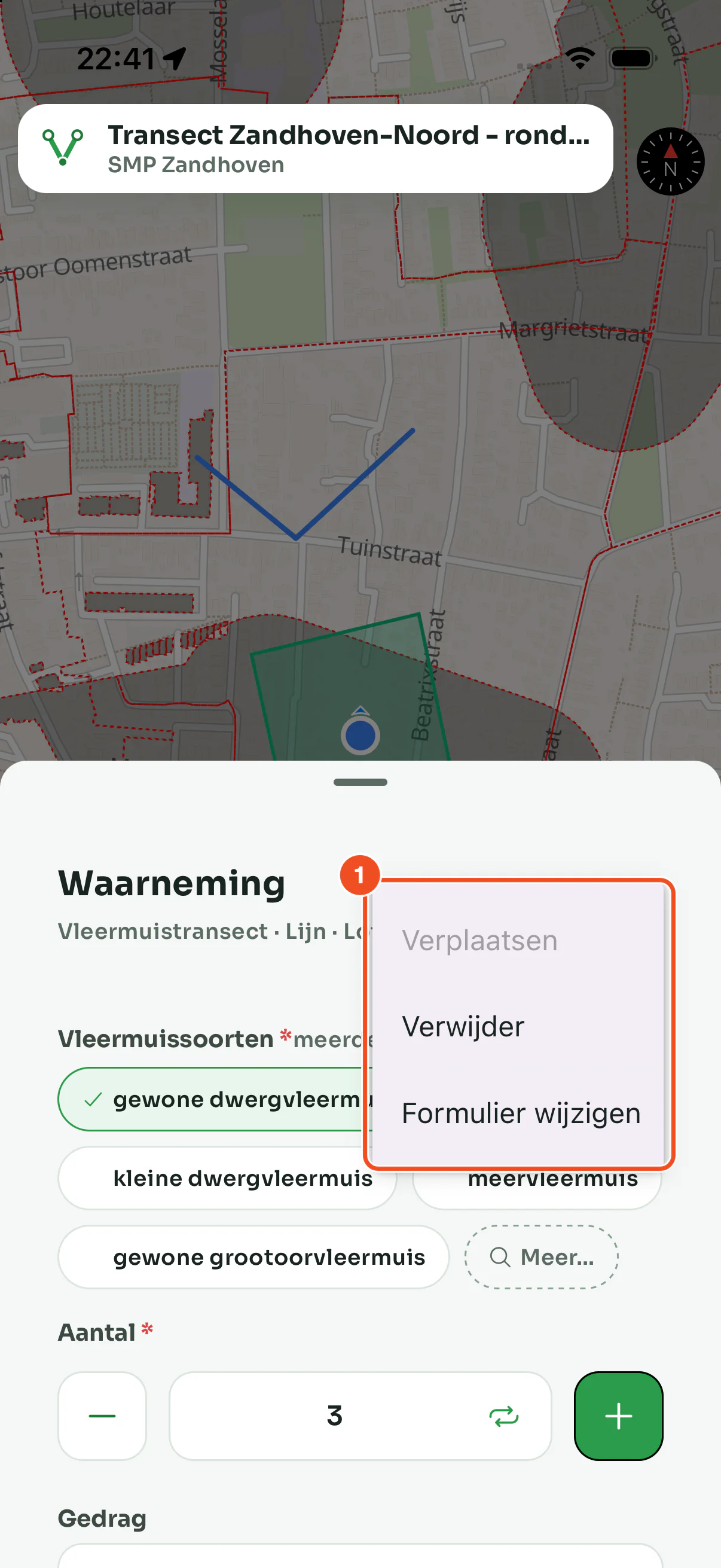 Het menu van een lijnwaarneming met Verplaatsen grijs, Verwijder en Formulier wijzigen
