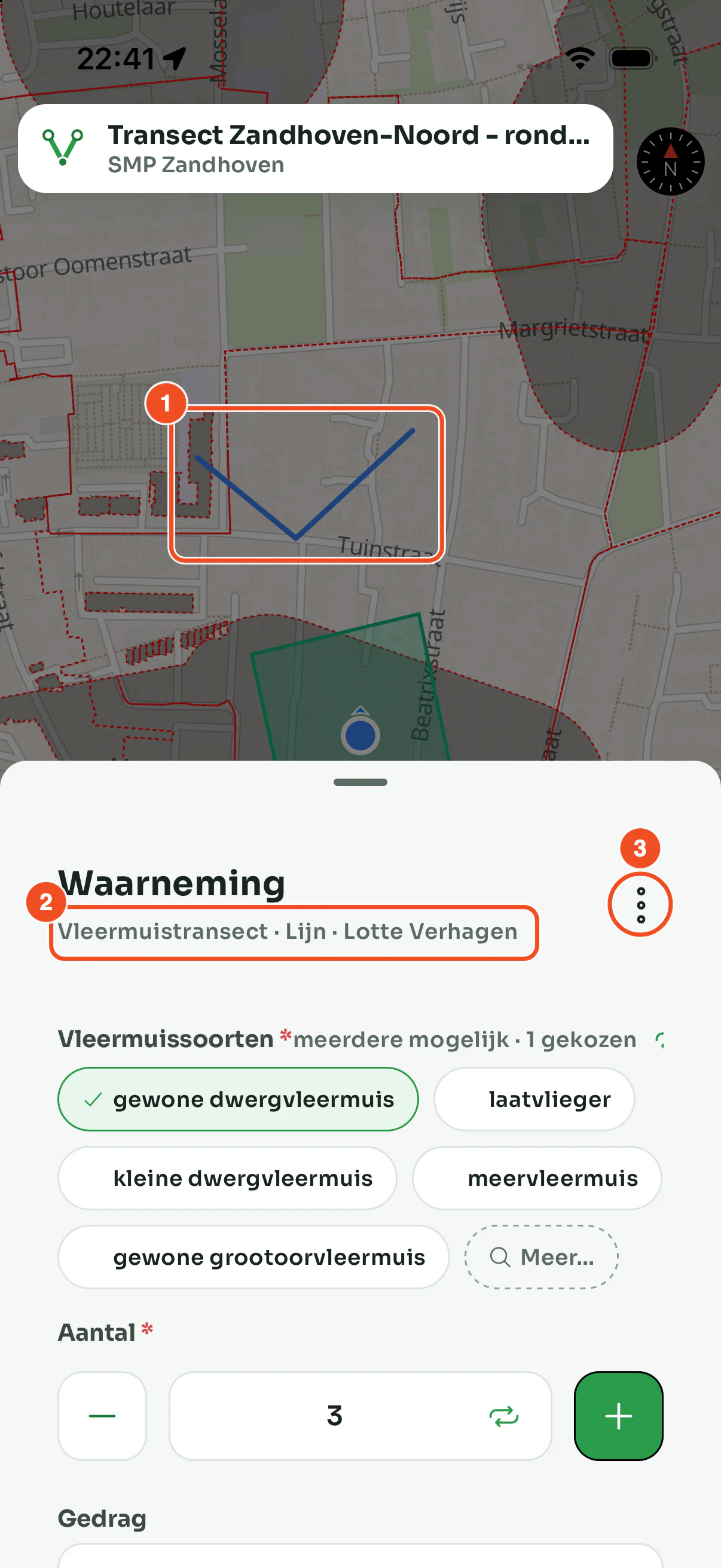 De kaart met een lijnwaarneming en daaronder het geopende formulier met de ondertitel en het menu rechtsboven