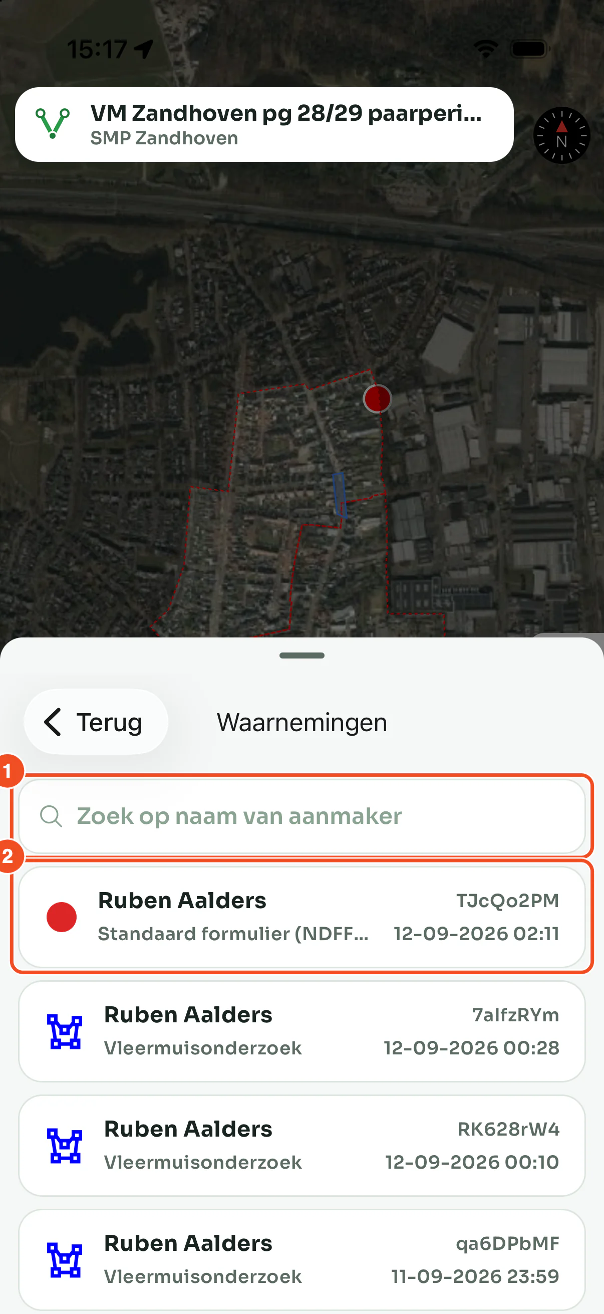 De waarnemingenlijst met een zoekbalk op naam van de aanmaker en per waarneming het icoon, de aanmaker, het formulier, de code en het tijdstip