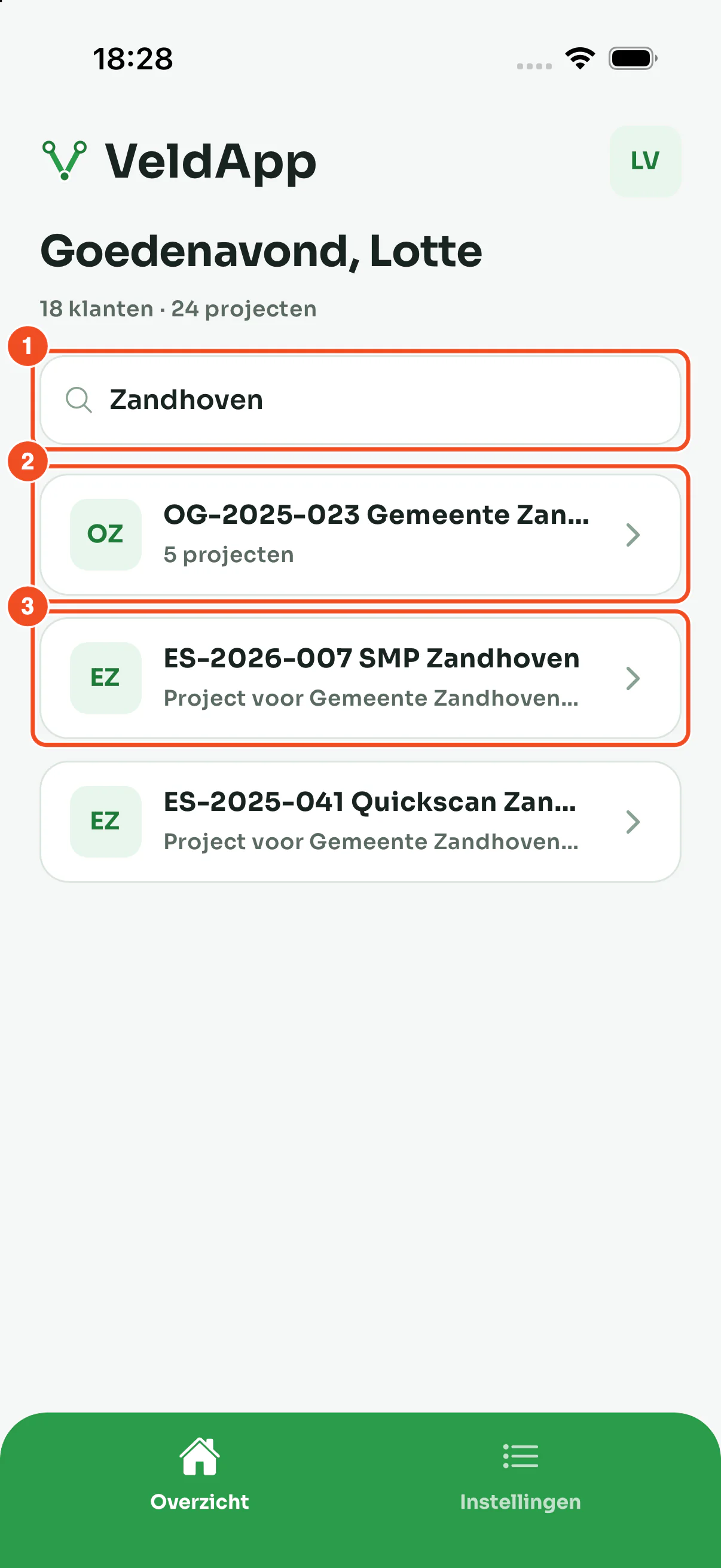 De zoekbalk met de zoekterm Zandhoven en daaronder de gevonden opdrachtgever en projecten