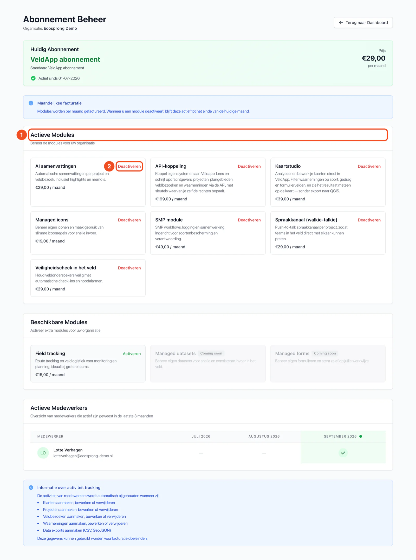 De pagina Abonnement beheer met het huidige abonnement, de actieve modules met de knop Deactiveren, de beschikbare modules en de actieve medewerkers per maand