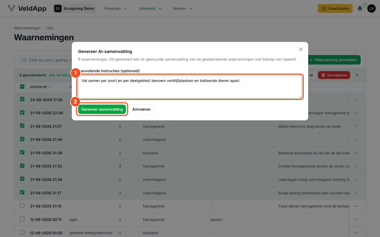Het venster Genereer AI-samenvatting met een veld voor aanvullende instructies en de knop Genereer samenvatting