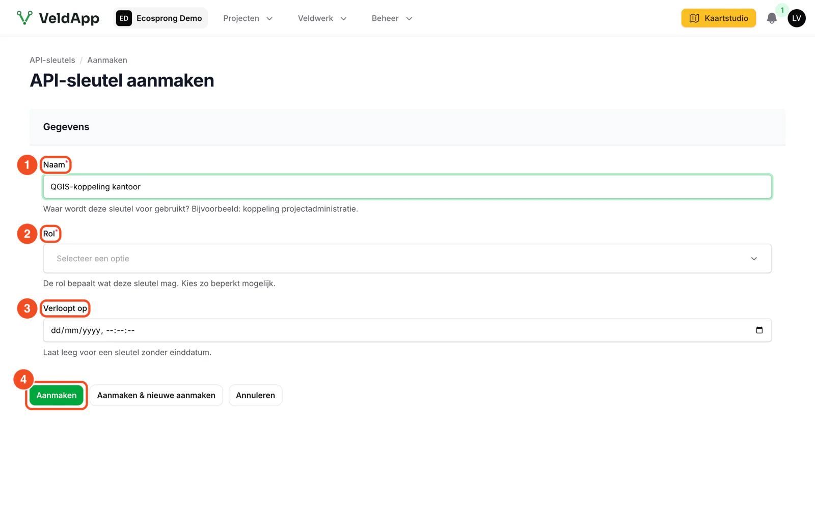 Het formulier API-sleutel aanmaken met naam, rol, vervaldatum en de knop Aanmaken