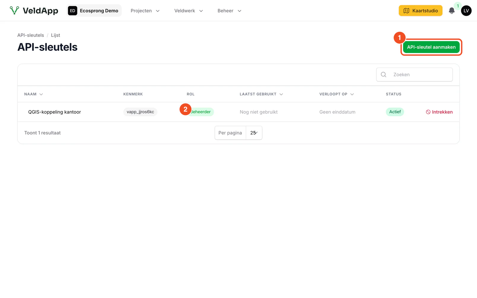 De pagina API-sleutels met de knop API-sleutel aanmaken en per sleutel naam, kenmerk, rol, laatst gebruikt, vervaldatum en status