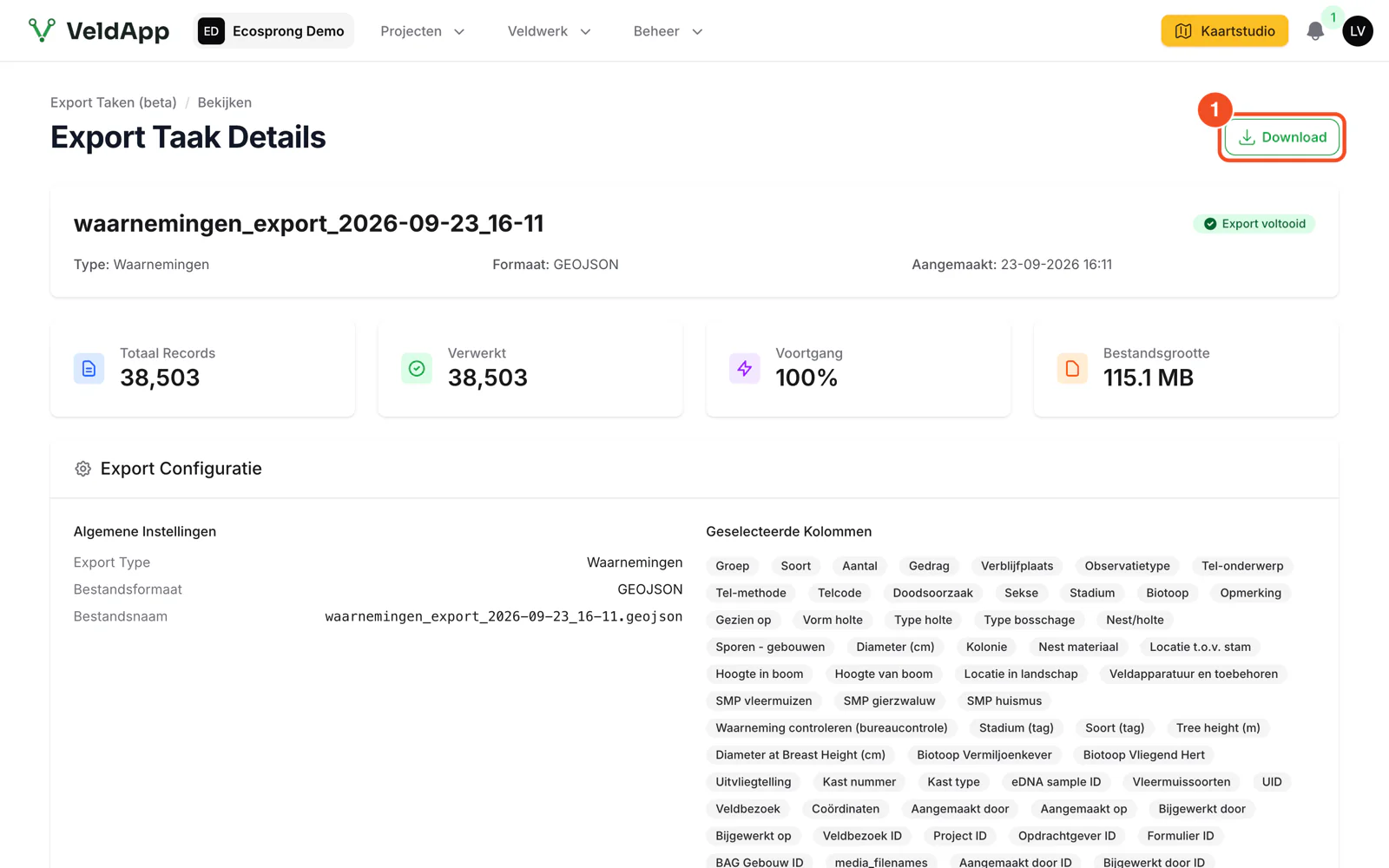 De detailpagina van een export met de aantallen, de bestandsgrootte, de gekozen kolommen en de knop Download
