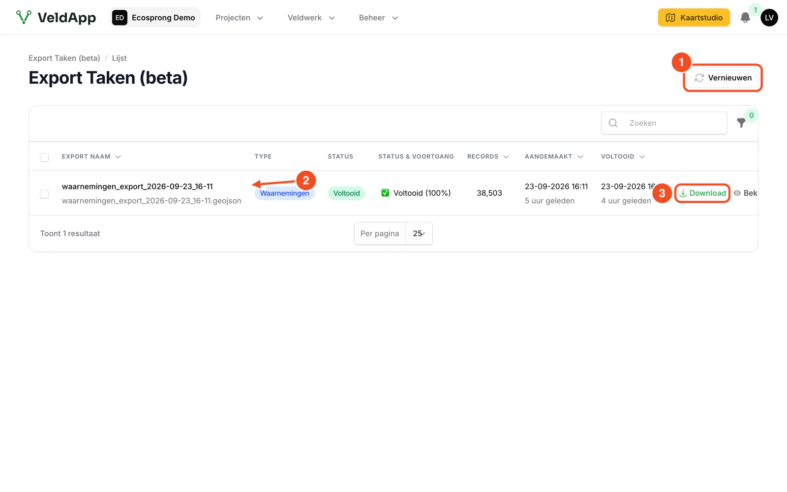 De pagina Export Taken met de knop Vernieuwen en per export de status, de voortgang, het aantal records en de knop Download