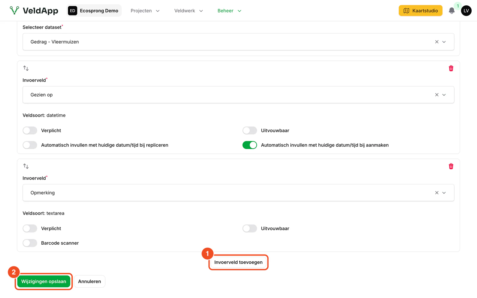 Het onderste deel van het formulier met een datumveld dat automatisch wordt ingevuld, een notitieveld met barcodescanner, de knop Invoerveld toevoegen en de knop Wijzigingen opslaan