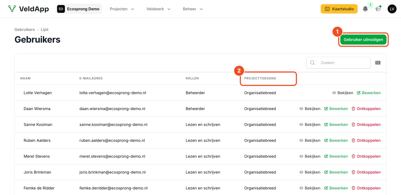 De gebruikerslijst met rechtsboven de knop Gebruiker uitnodigen en de kolom Projecttoegang, waarin bij elke collega Organisatiebreed staat