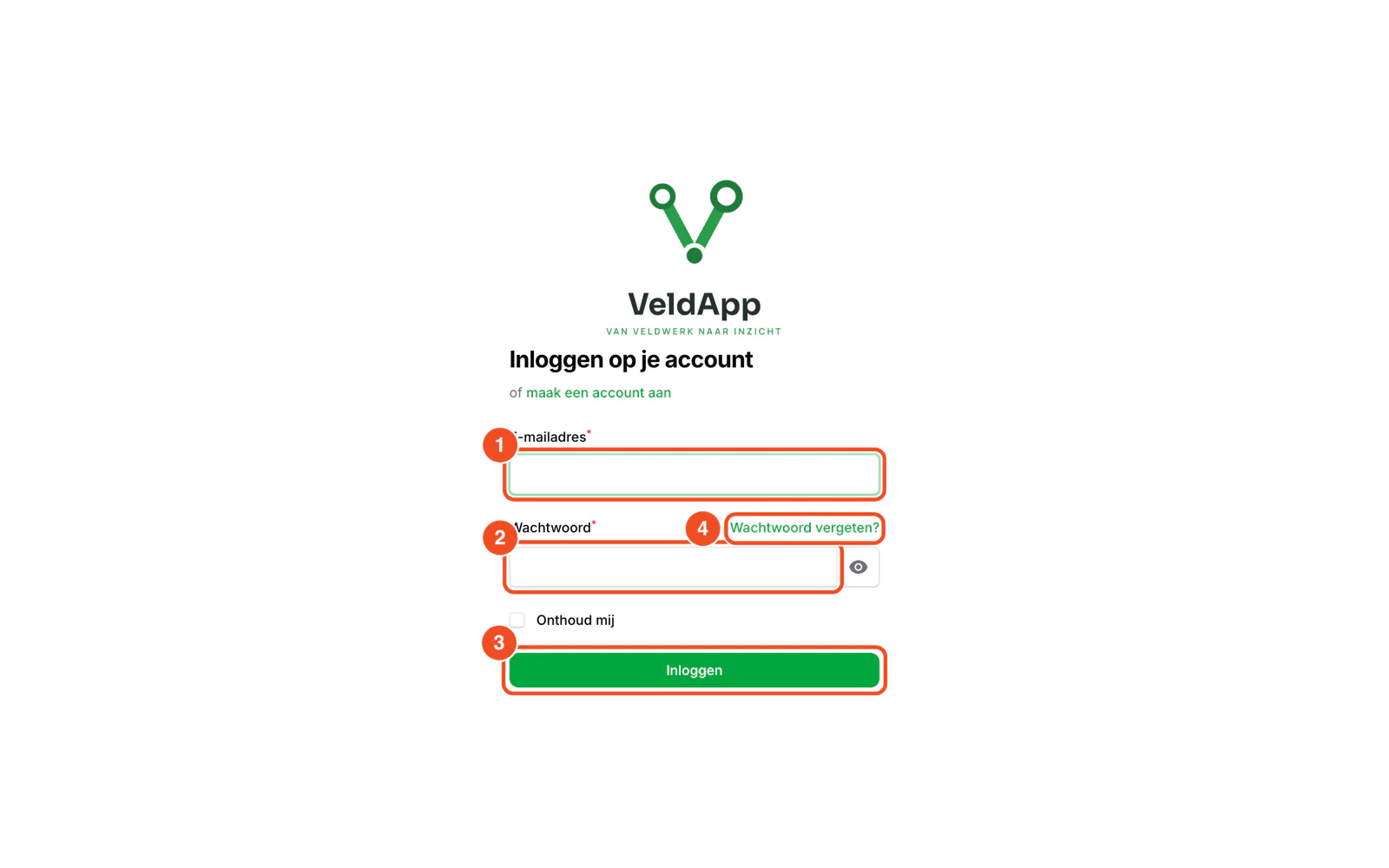 Het inlogscherm met e-mailadres, wachtwoord, de knop Inloggen en de link Wachtwoord vergeten