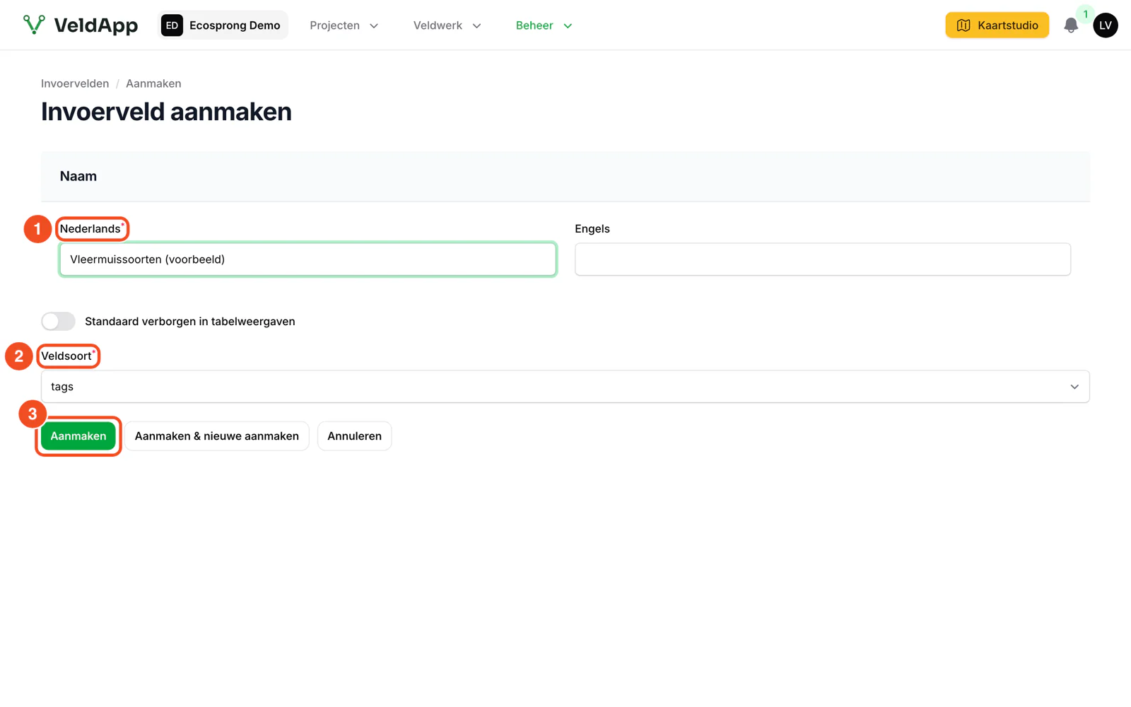 Het formulier Invoerveld aanmaken met de Nederlandse en Engelse naam, de schakelaar Standaard verborgen in tabelweergaven, de veldsoort en de knop Aanmaken