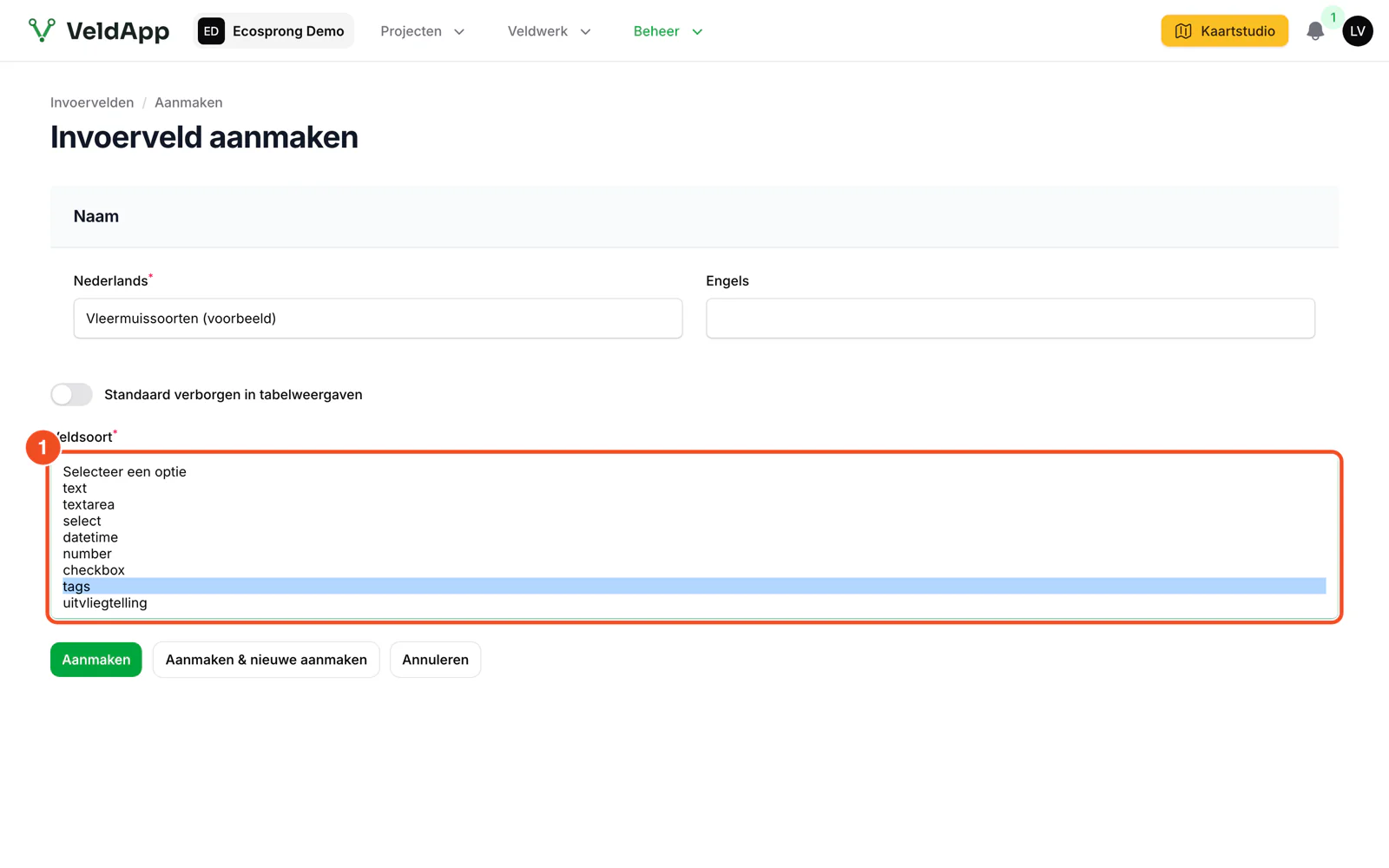 De lijst met veldsoorten: text, textarea, select, datetime, number, checkbox, tags en uitvliegtelling