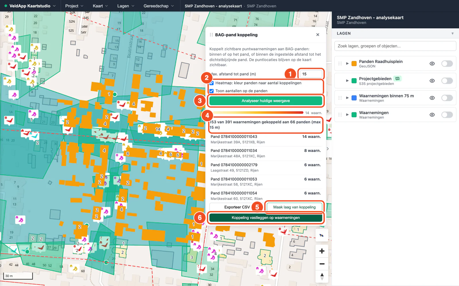 Het paneel BAG-pand koppeling met de maximale afstand, de opties heatmap en aantallen, de uitkomst dat 153 van 391 waarnemingen aan 66 panden zijn gekoppeld, en op de kaart panden gekleurd naar aantal waarnemingen