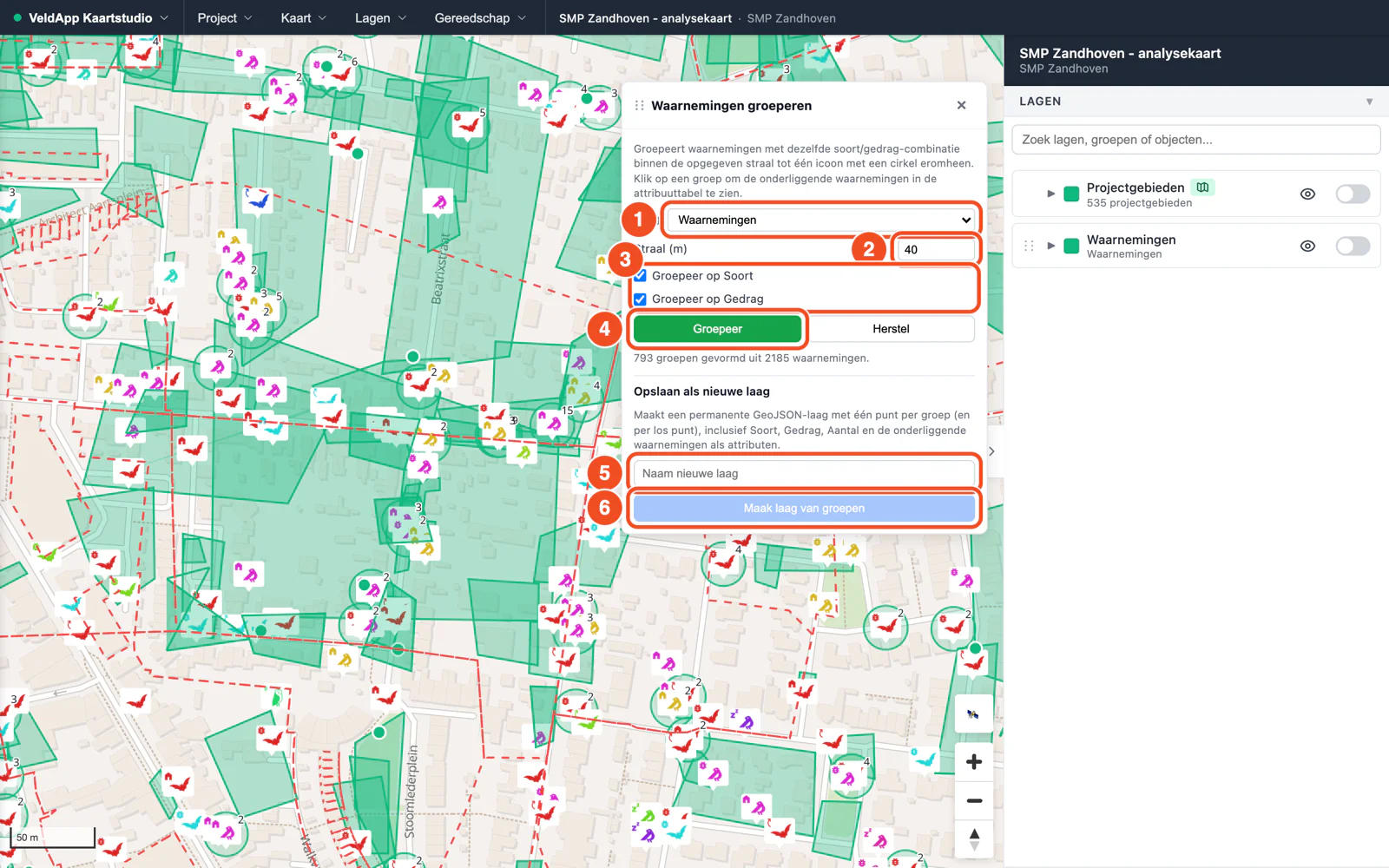 Het paneel Waarnemingen groeperen met de laag, de straal van 40 meter, de opties groepeer op soort en gedrag, de knop Groepeer en op de kaart cirkels om de gevormde groepen