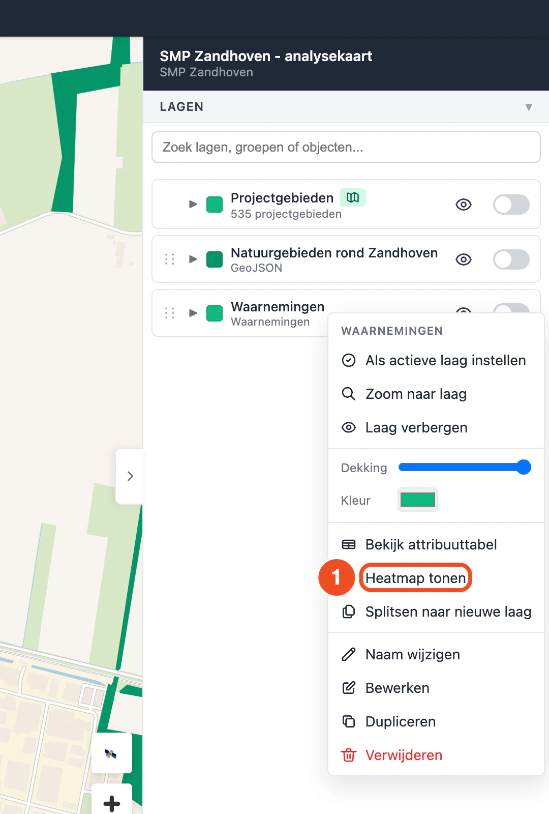 Het laagmenu van de laag Waarnemingen met de optie Heatmap tonen