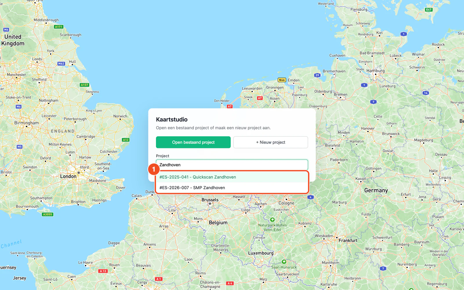 De zoekresultaten onder het zoekveld met twee projecten in Zandhoven