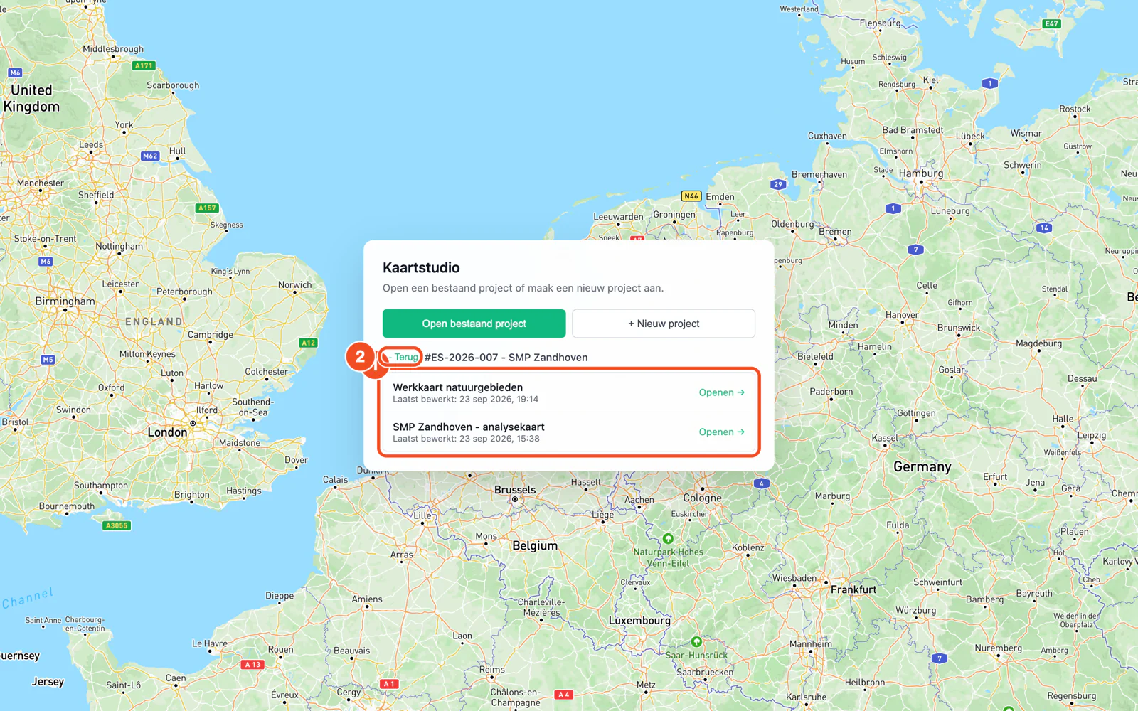 De lijst met kaarten van een project met een knop om een nieuwe kaart aan te maken