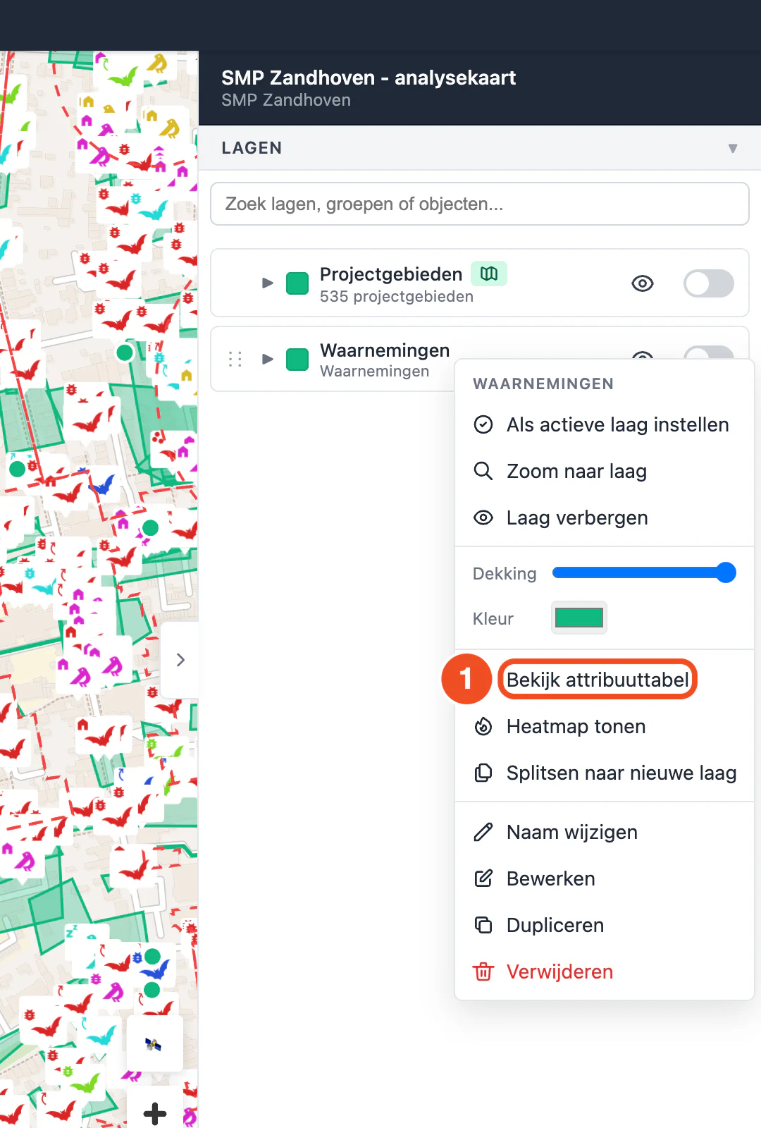 Het laagmenu met de optie Bekijk attribuuttabel