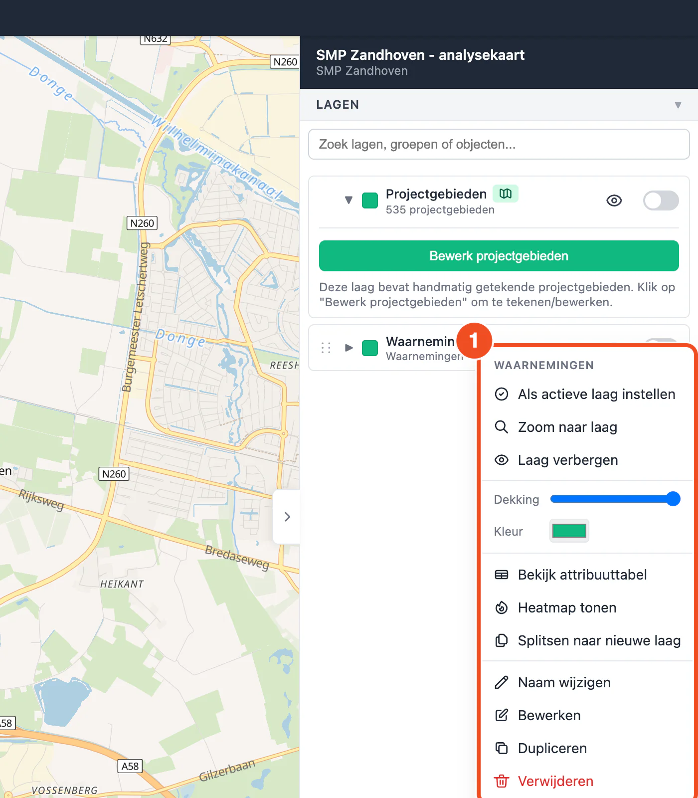 Het menu van een laag met Als actieve laag instellen, Zoom naar laag, Laag verbergen, dekking, kleur, Bekijk attribuuttabel, Heatmap tonen, Splitsen naar nieuwe laag, Naam wijzigen, Bewerken, Dupliceren en Verwijderen