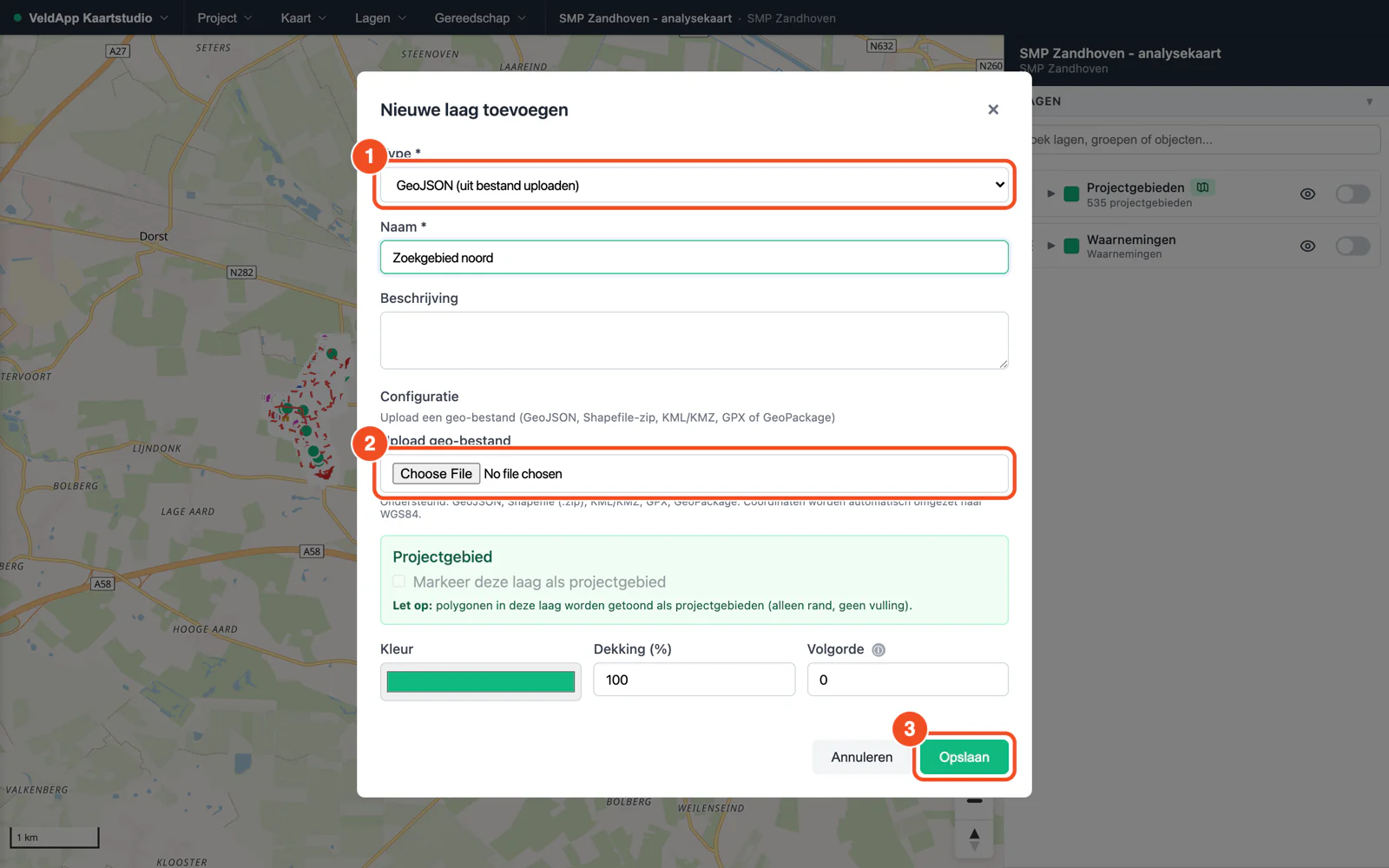 Het venster Nieuwe laag toevoegen met het type GeoJSON uit bestand uploaden en het veld om een bestand te kiezen