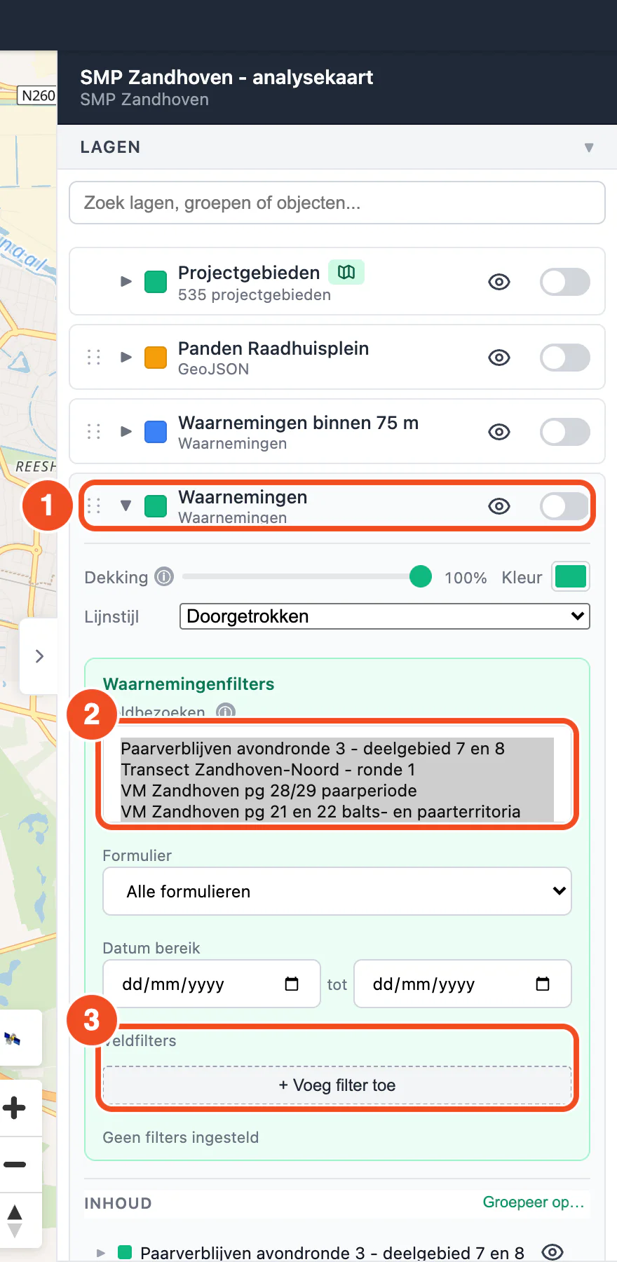 De uitgeklapte laag Waarnemingen met dekking, kleur en lijnstijl en het blok Waarnemingenfilters met veldbezoeken, formulier, datumbereik en veldfilters