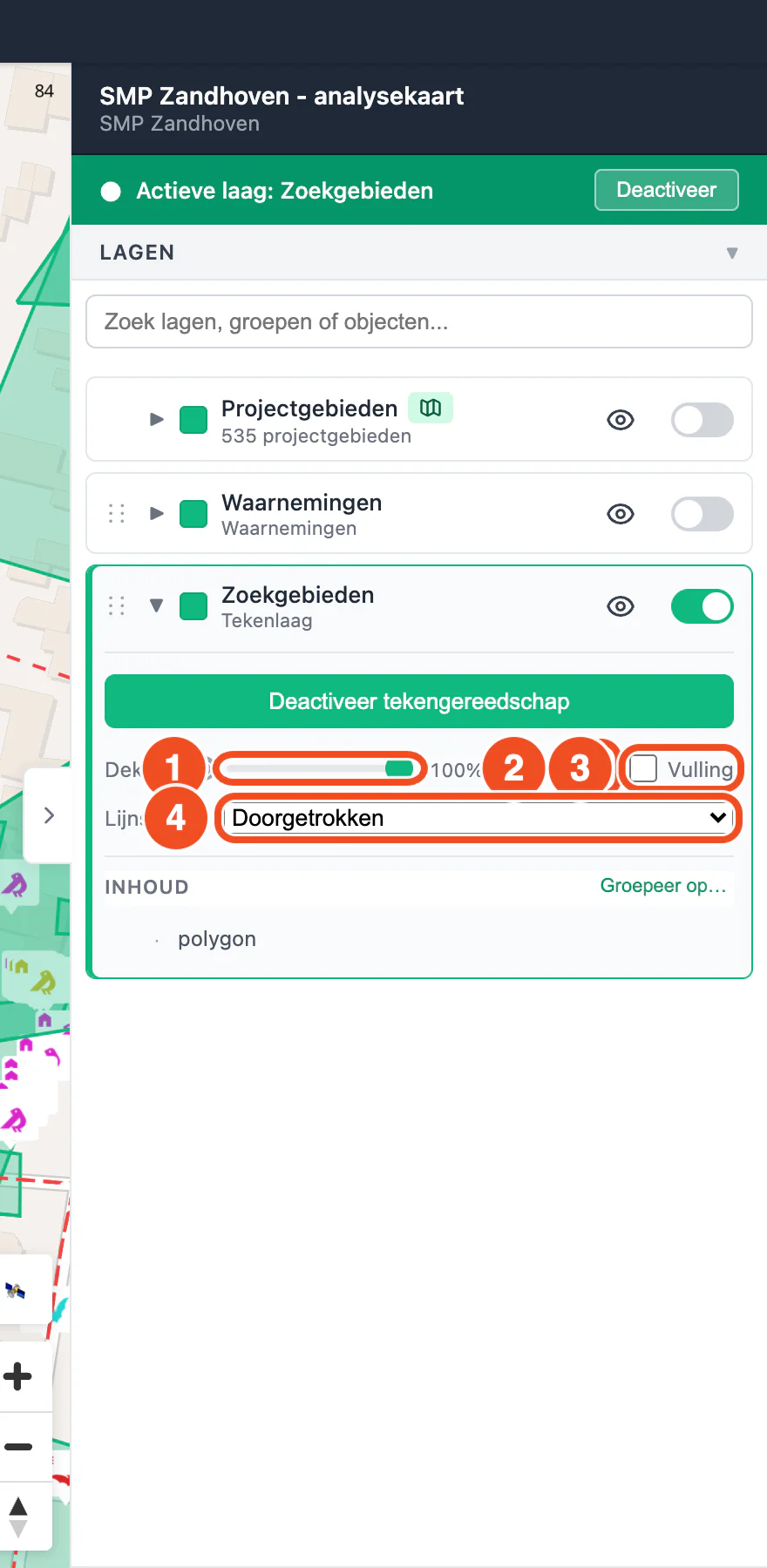 De uitgeklapte tekenlaag met de schuif Dekking, de kleurkiezer, het vinkje Vulling en de keuze Lijnstijl