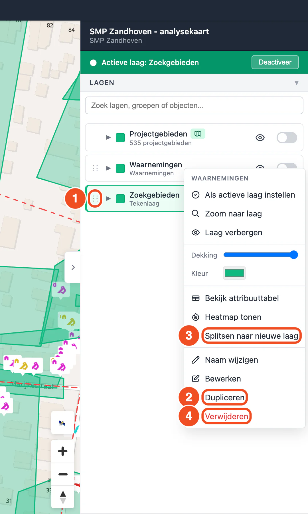 Het lagenpaneel met de sleepgreep voor een laag en het rechtermuisknopmenu met Dupliceren, Splitsen naar nieuwe laag en Verwijderen