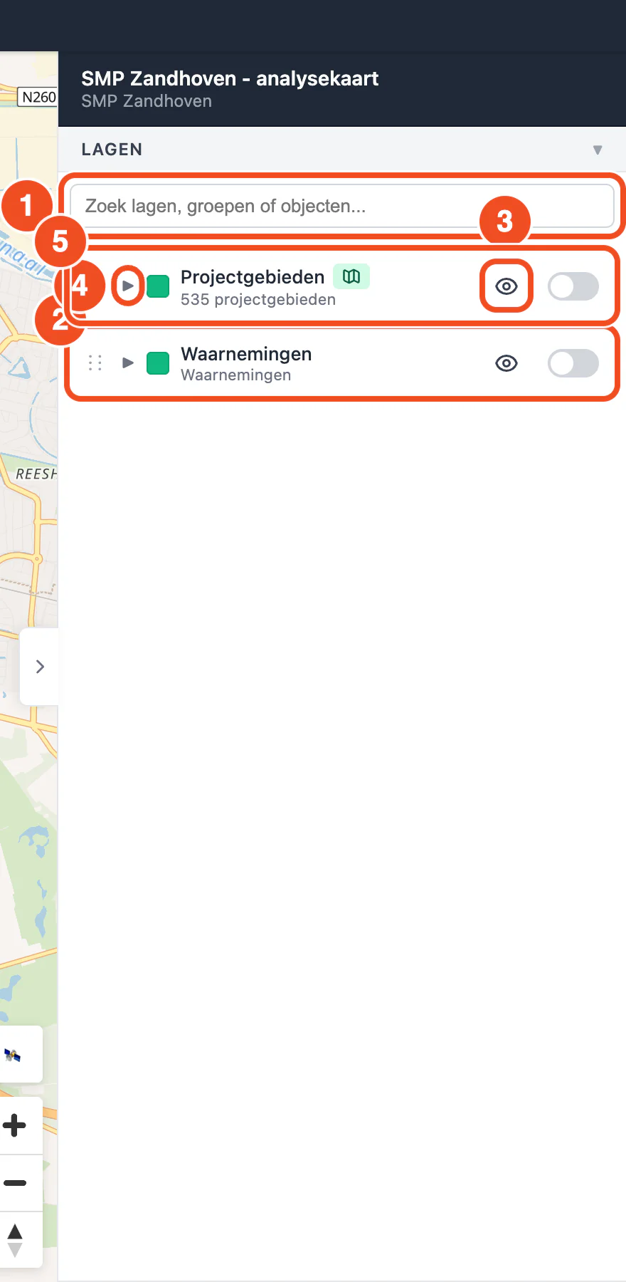 Het lagenpaneel met zoekveld, de laag Projectgebieden met oog en schakelaar, de uitklappijl en de laag Waarnemingen