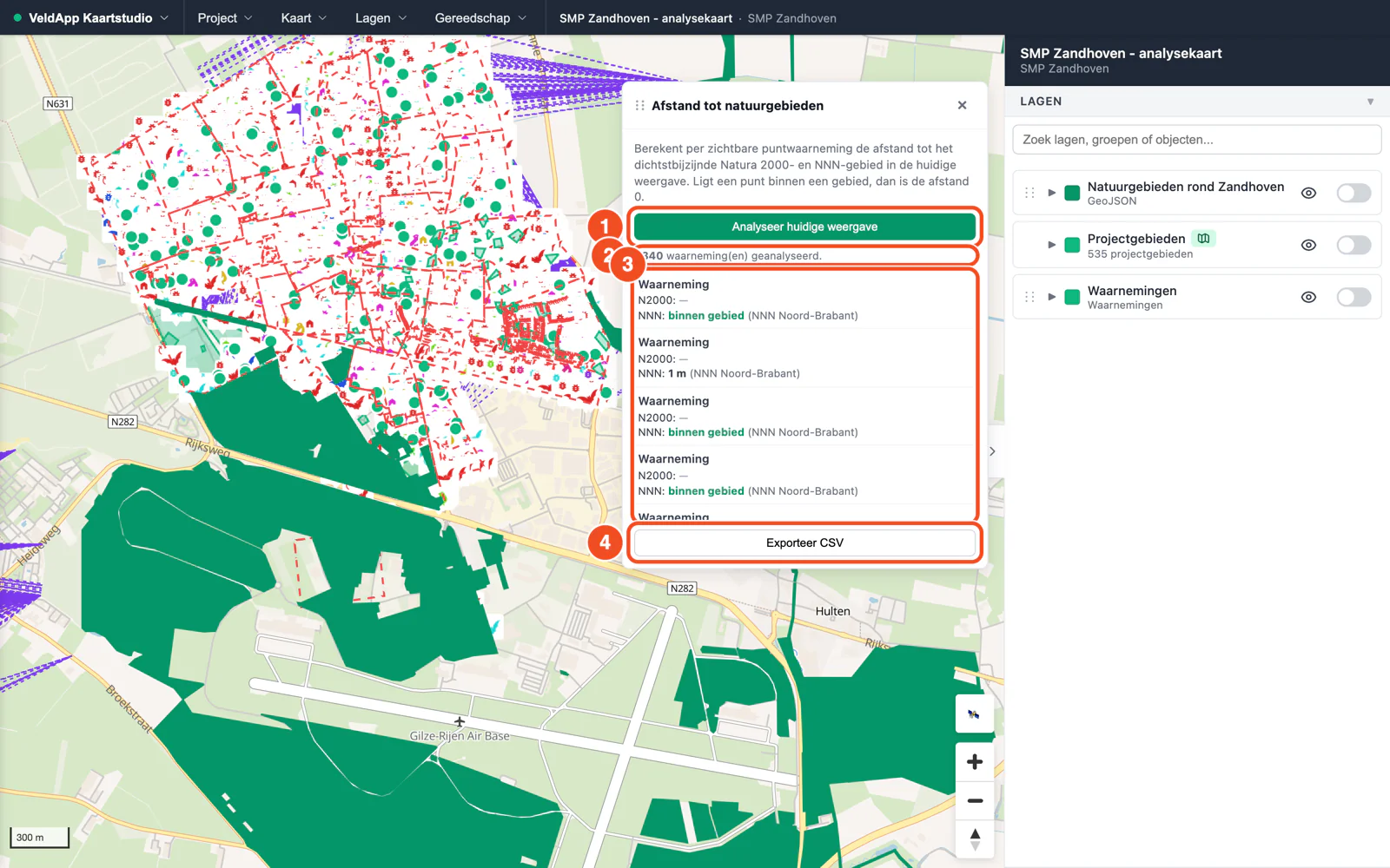 Het paneel Afstand tot natuurgebieden met de knop Analyseer huidige weergave, de melding dat 4381 waarnemingen zijn geanalyseerd, per waarneming de afstand tot Natura 2000 en NNN, en op de kaart lijnen van de waarnemingen naar het dichtstbijzijnde gebied