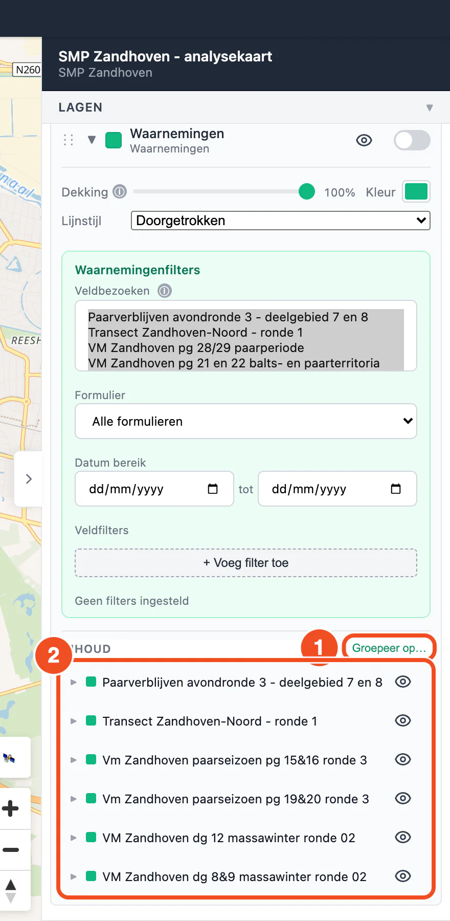 Het onderdeel Inhoud van de uitgeklapte laag Waarnemingen met de knop Groepeer op en daaronder een groep per veldbezoek, elk met een oog