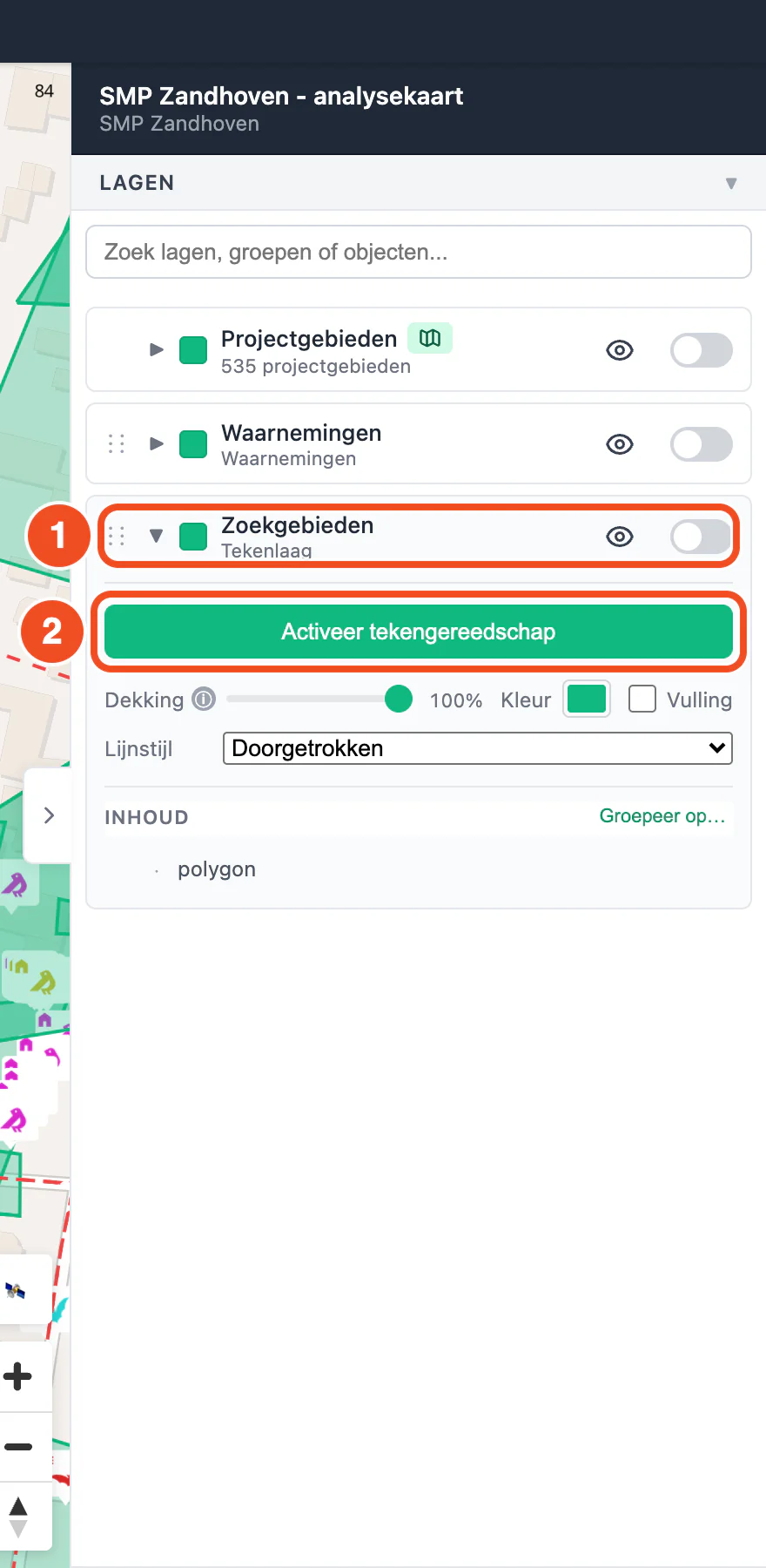 Het lagenpaneel met de uitgeklapte tekenlaag Zoekgebieden en de knop Activeer tekengereedschap