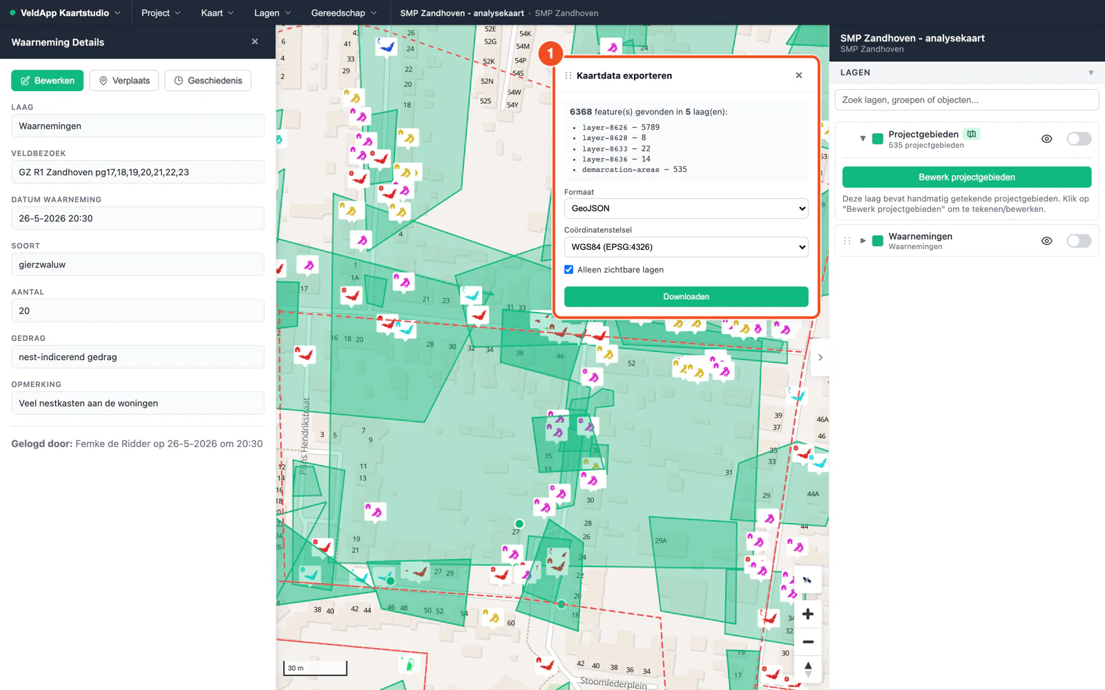Het paneel Kaartdata exporteren in Kaartstudio met formaat, coördinatenstelsel en de knop Downloaden