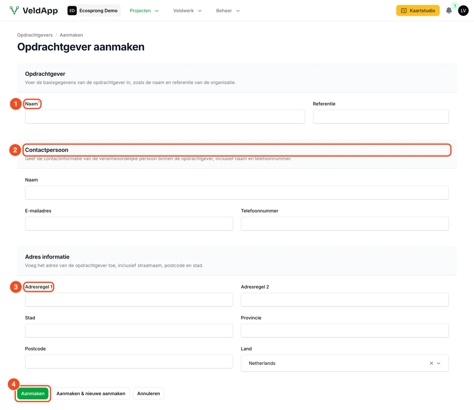 Het formulier Opdrachtgever aanmaken met naam en referentie, contactpersoon en adres