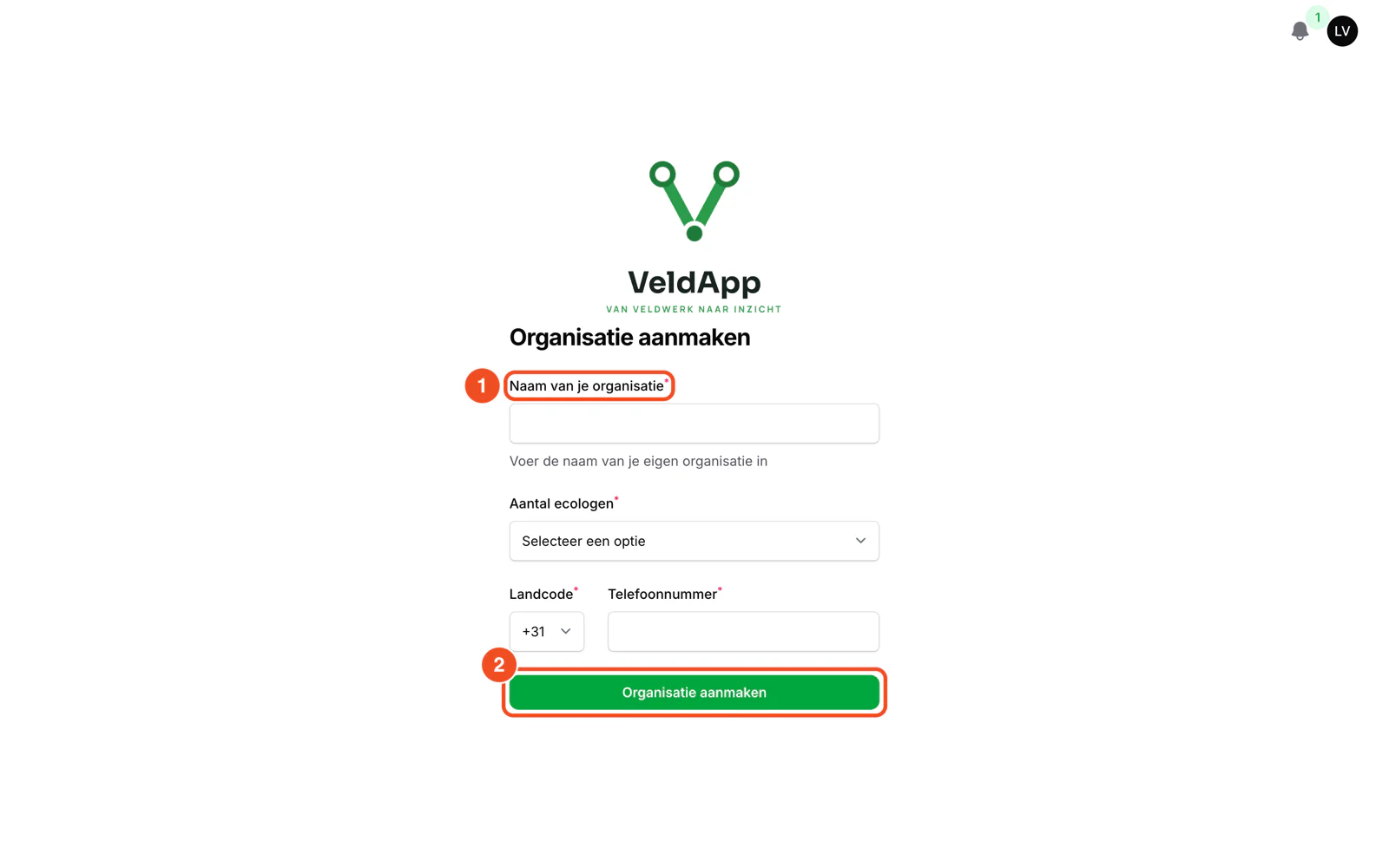 Het formulier Organisatie aanmaken met naam, aantal ecologen, landcode en telefoonnummer