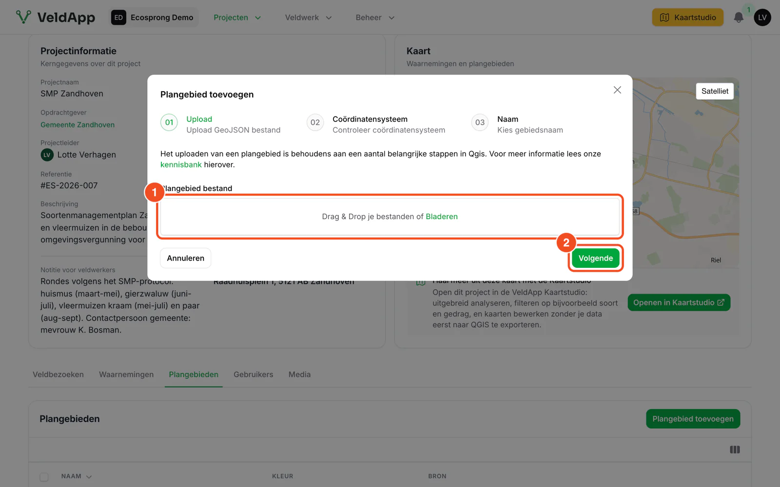 Stap 1 van de wizard: het vak om een GeoJSON-bestand te slepen of te kiezen en de knop Volgende