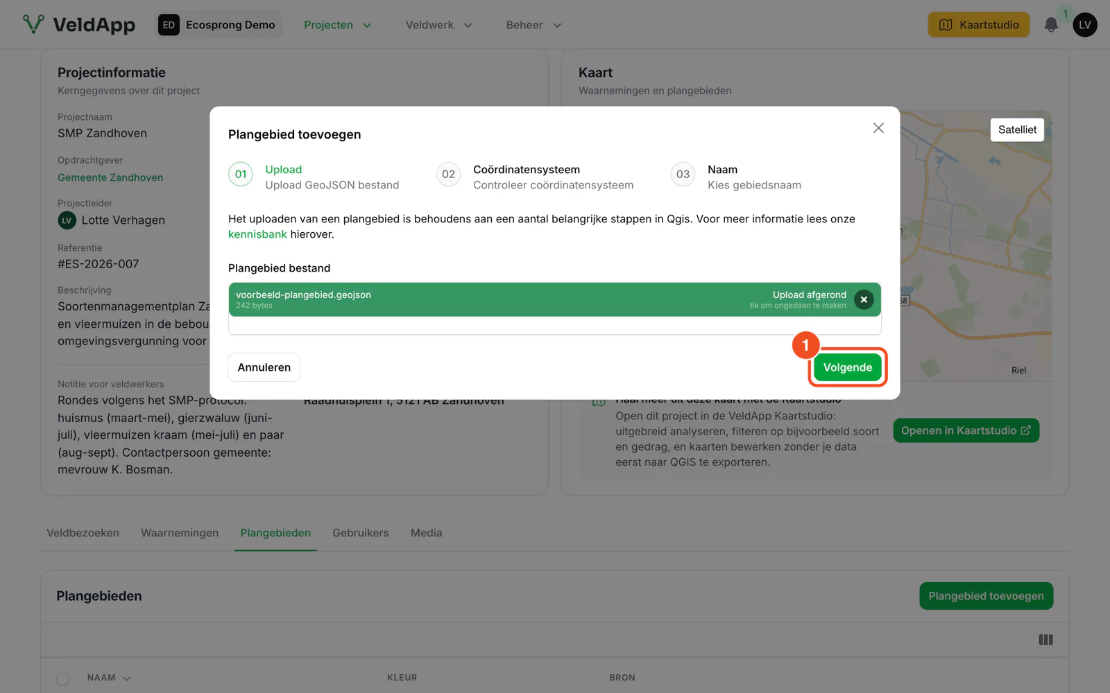 Stap 1 na het uploaden, met de bestandsnaam en de melding dat de upload is afgerond