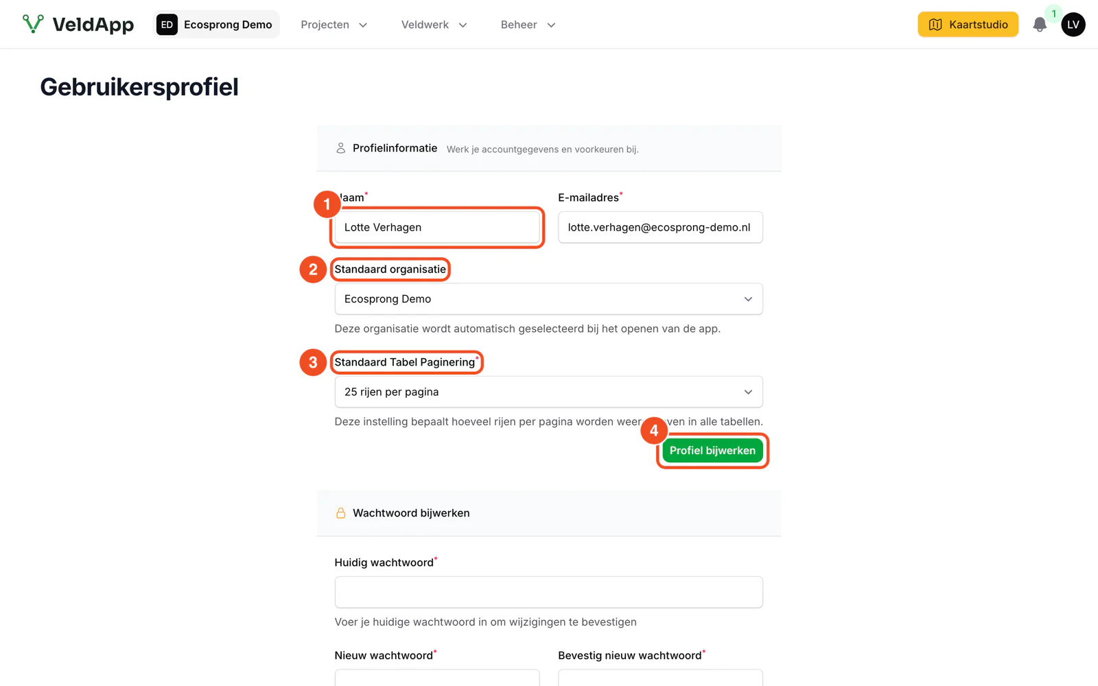De profielpagina met naam, e-mailadres, standaardorganisatie, het aantal rijen per pagina en de knop Profiel bijwerken