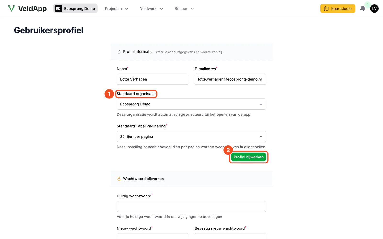 De profielpagina met het veld Standaard organisatie en de knop Profiel bijwerken
