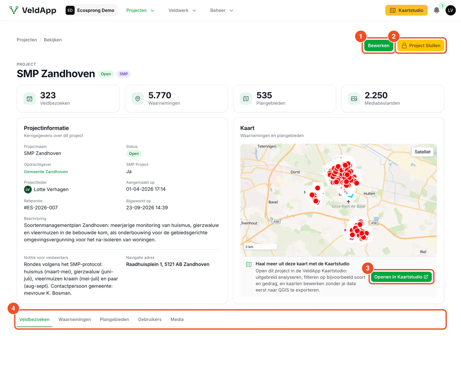 De projectpagina met de knoppen Bewerken en Project sluiten, de kaart met de knop Openen in Kaartstudio en de tabbladen Veldbezoeken, Waarnemingen, Plangebieden, Gebruikers en Media