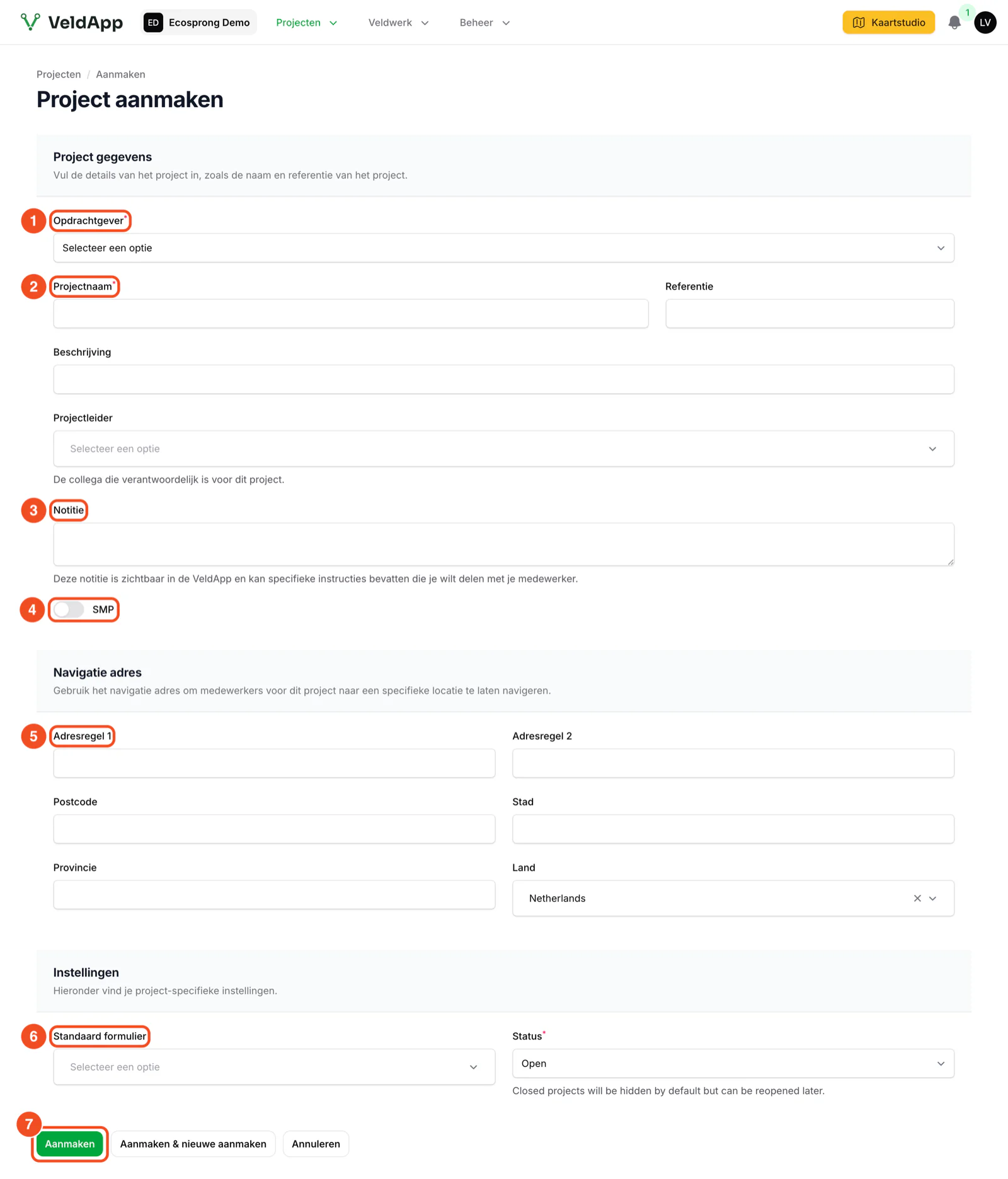 Het formulier Project aanmaken met opdrachtgever, projectnaam, referentie, beschrijving, projectleider, notitie, de SMP-schakelaar, het navigatieadres, het standaardformulier en de status