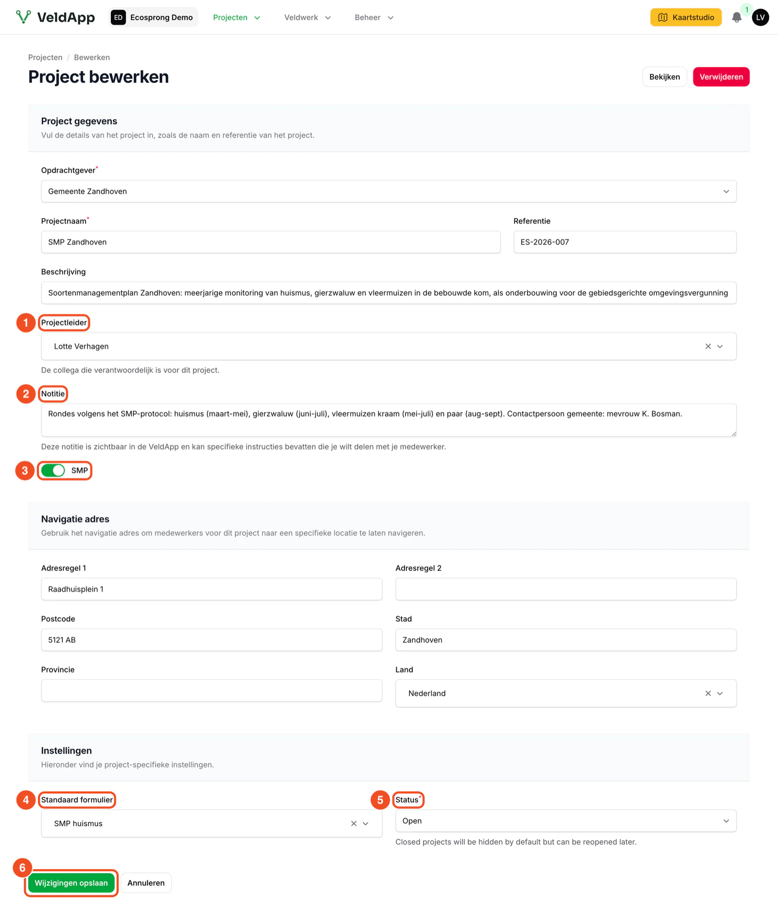 Het formulier Project bewerken met opdrachtgever, projectnaam, projectleider, notitie, de SMP-schakelaar, het navigatieadres, het standaardformulier, de status en de knop Wijzigingen opslaan