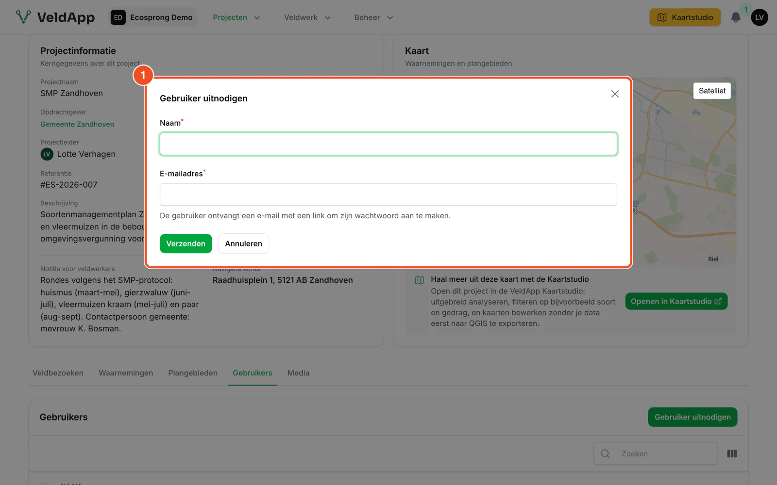 Het venster Gebruiker uitnodigen op een project met naam en e-mailadres