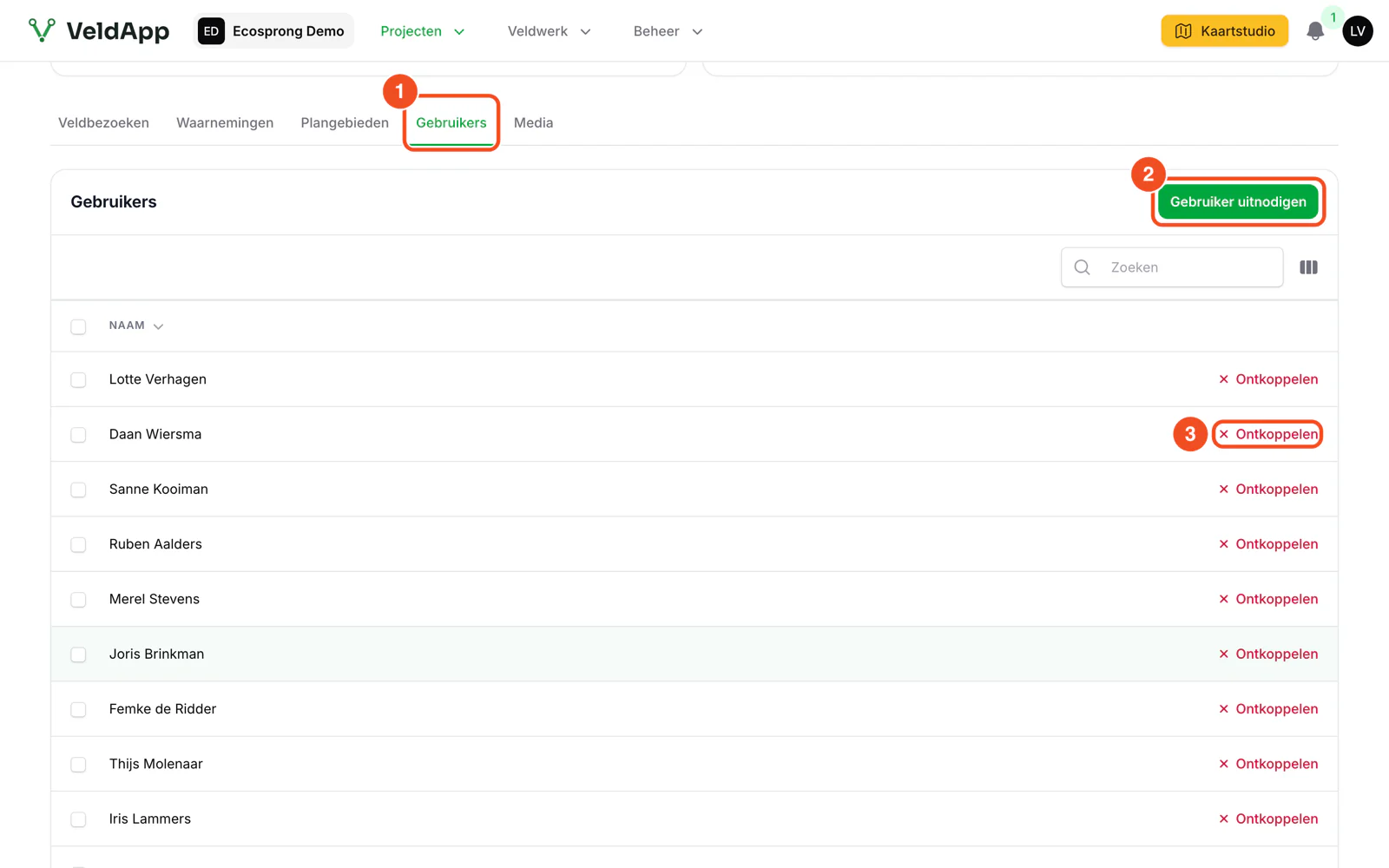 Het tabblad Gebruikers van een project met de knop Gebruiker uitnodigen en per gebruiker de knop Ontkoppelen