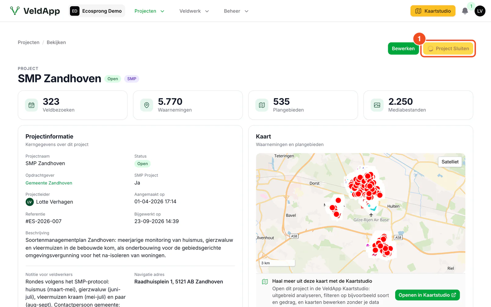 De projectpagina met de knop Project sluiten en het bevestigingsvenster