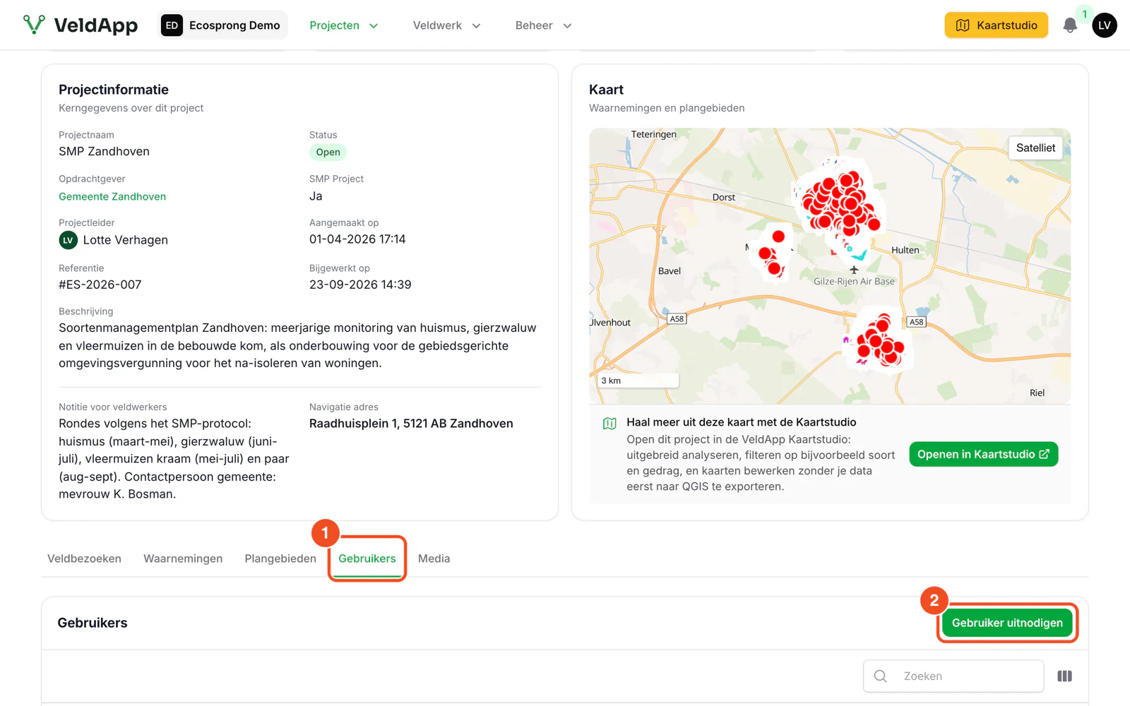 Het tabblad Gebruikers van een project met de knop Gebruiker uitnodigen