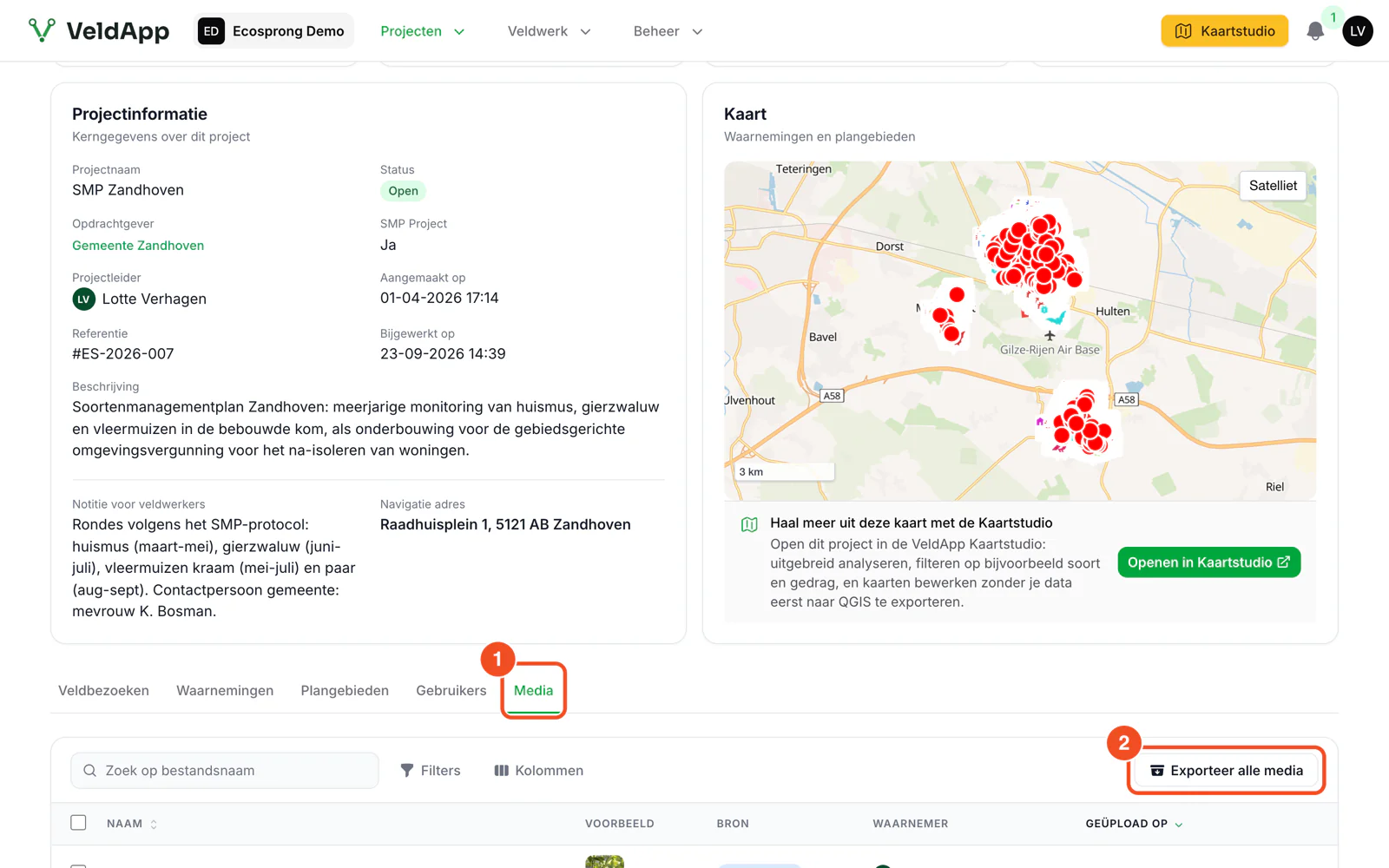 Het tabblad Media van een project met de zoekbalk, filters en de knop Exporteer alle media