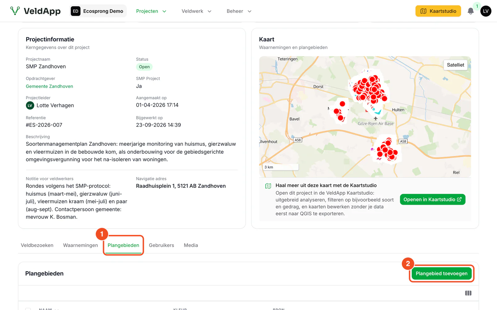 Het tabblad Plangebieden van een project met de knop Plangebied toevoegen