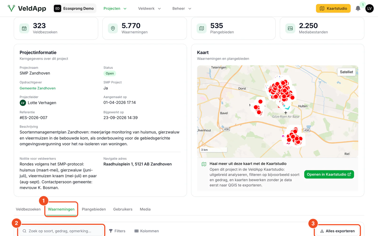 De projectpagina met het tabblad Waarnemingen, de zoekbalk en de knop Alles exporteren